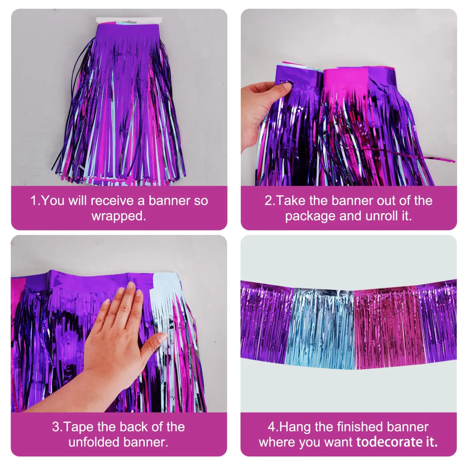 BEISHIDA 3 Packs Metallic Foil Fringe Garland Blue Purple Pink Wall Hanging Tinsel Fringe Banners for Car Floats Bridal Shower Wedding Birthday Easter Graduation Holiday Party Decoration(30 Feet)