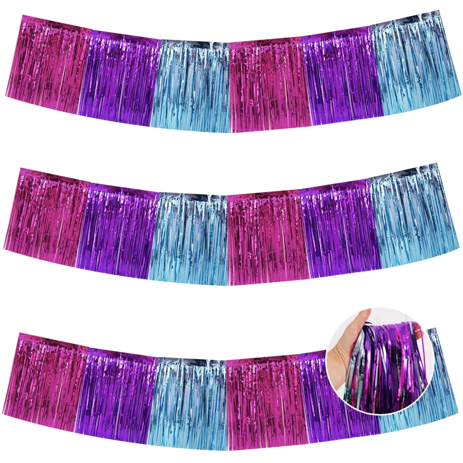 BEISHIDA 3 Packs Metallic Foil Fringe Garland Blue Purple Pink Wall Hanging Tinsel Fringe Banners for Car Floats Bridal Shower Wedding Birthday Easter Graduation Holiday Party Decoration(30 Feet)