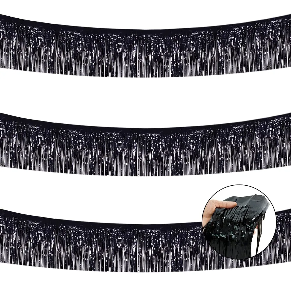 BEISHIDA 3 Packs Metallic Foil Fringe Garland Black Wall Hanging Tinsel Fringe Banners for Car Floats Halloween Bridal Shower Wedding Birthday Easter Graduation Holiday Party Decoration(30 Feet)
