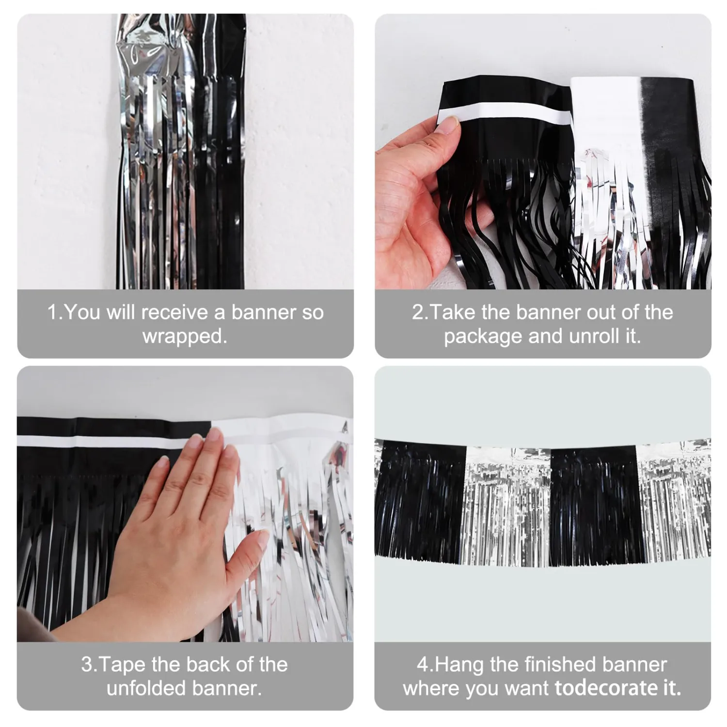 BEISHIDA 3 Packs Metallic Foil Fringe Garland Black Silver Wall Hanging Tinsel Fringe Banners for Car Floats Bridal Shower Wedding Birthday Easter Graduation Holiday Party Decoration(30 Feet)