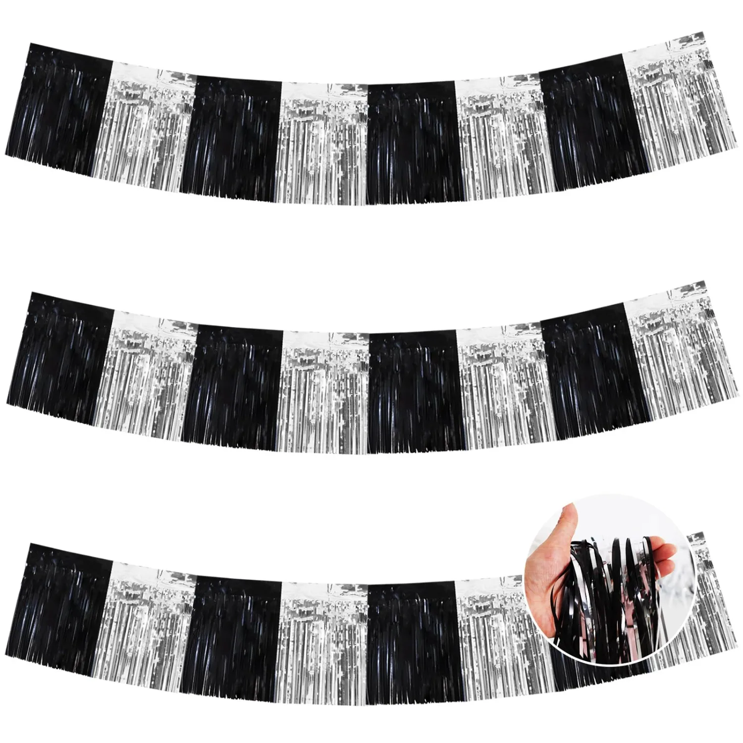 BEISHIDA 3 Packs Metallic Foil Fringe Garland Black Silver Wall Hanging Tinsel Fringe Banners for Car Floats Bridal Shower Wedding Birthday Easter Graduation Holiday Party Decoration(30 Feet)
