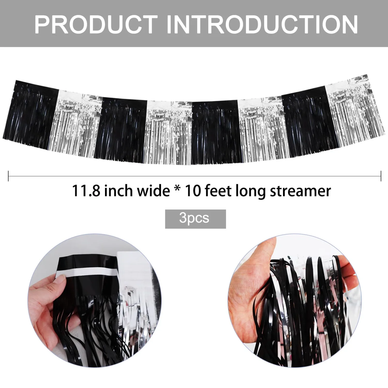 BEISHIDA 3 Packs Metallic Foil Fringe Garland Black Silver Wall Hanging Tinsel Fringe Banners for Car Floats Bridal Shower Wedding Birthday Easter Graduation Holiday Party Decoration(30 Feet)