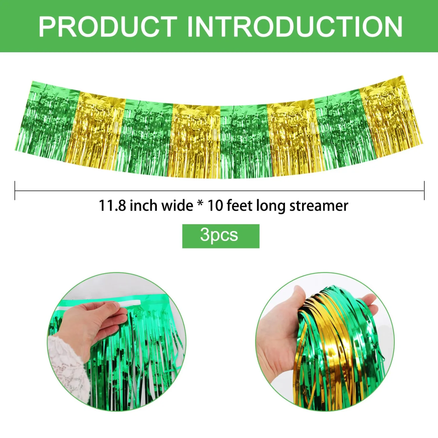 BEISHIDA 3 Packs Metallic Foil Fringe Garland Green Gold Wall Hanging Tinsel Fringe Banners for Car Floats Bridal Shower Wedding Birthday Graduation Holiday Party Decoration(30 Feet)