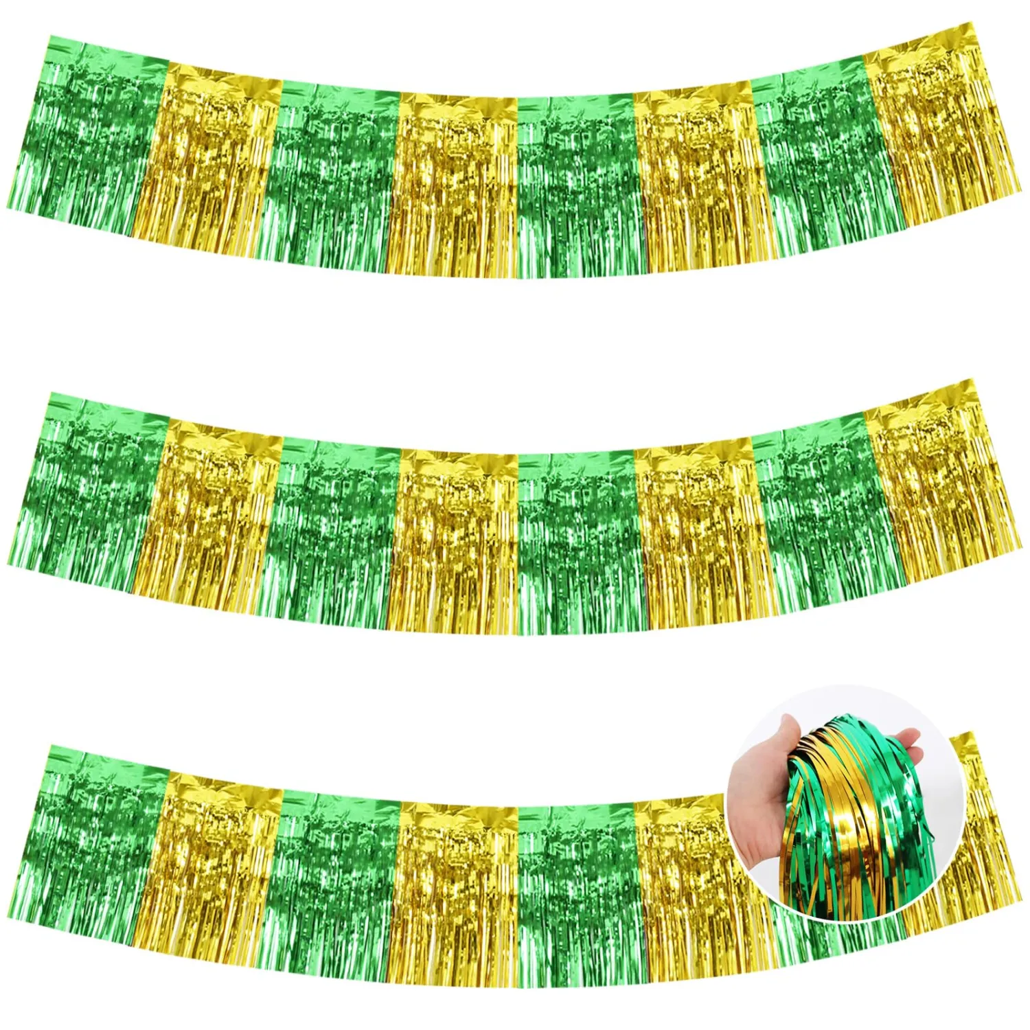 BEISHIDA 3 Packs Metallic Foil Fringe Garland Green Gold Wall Hanging Tinsel Fringe Banners for Car Floats Bridal Shower Wedding Birthday Graduation Holiday Party Decoration(30 Feet)