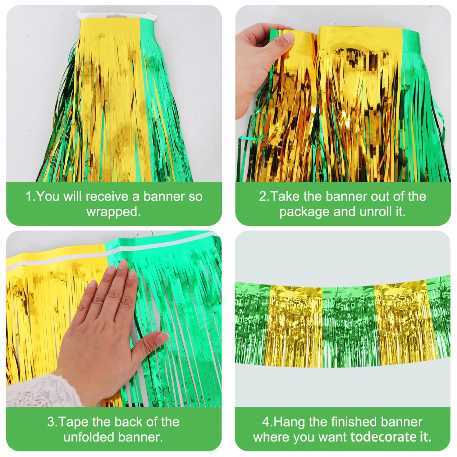 BEISHIDA 3 Packs Metallic Foil Fringe Garland Green Gold Wall Hanging Tinsel Fringe Banners for Car Floats Bridal Shower Wedding Birthday Graduation Holiday Party Decoration(30 Feet)