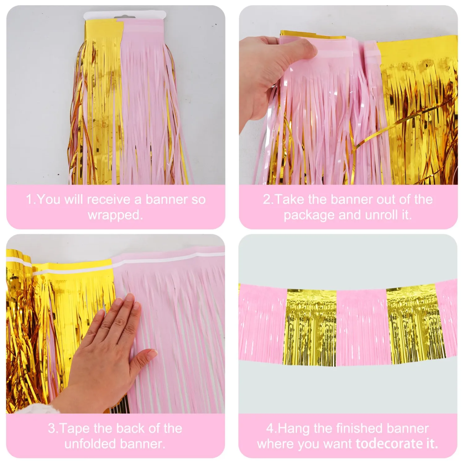 BEISHIDA 3 Packs Metallic Foil Fringe Garland Macaron Pink Gold Wall Hanging Tinsel Fringe Banners for Car Floats Bridal Shower Wedding Birthday Graduation Holiday Party Decoration(30 Feet)