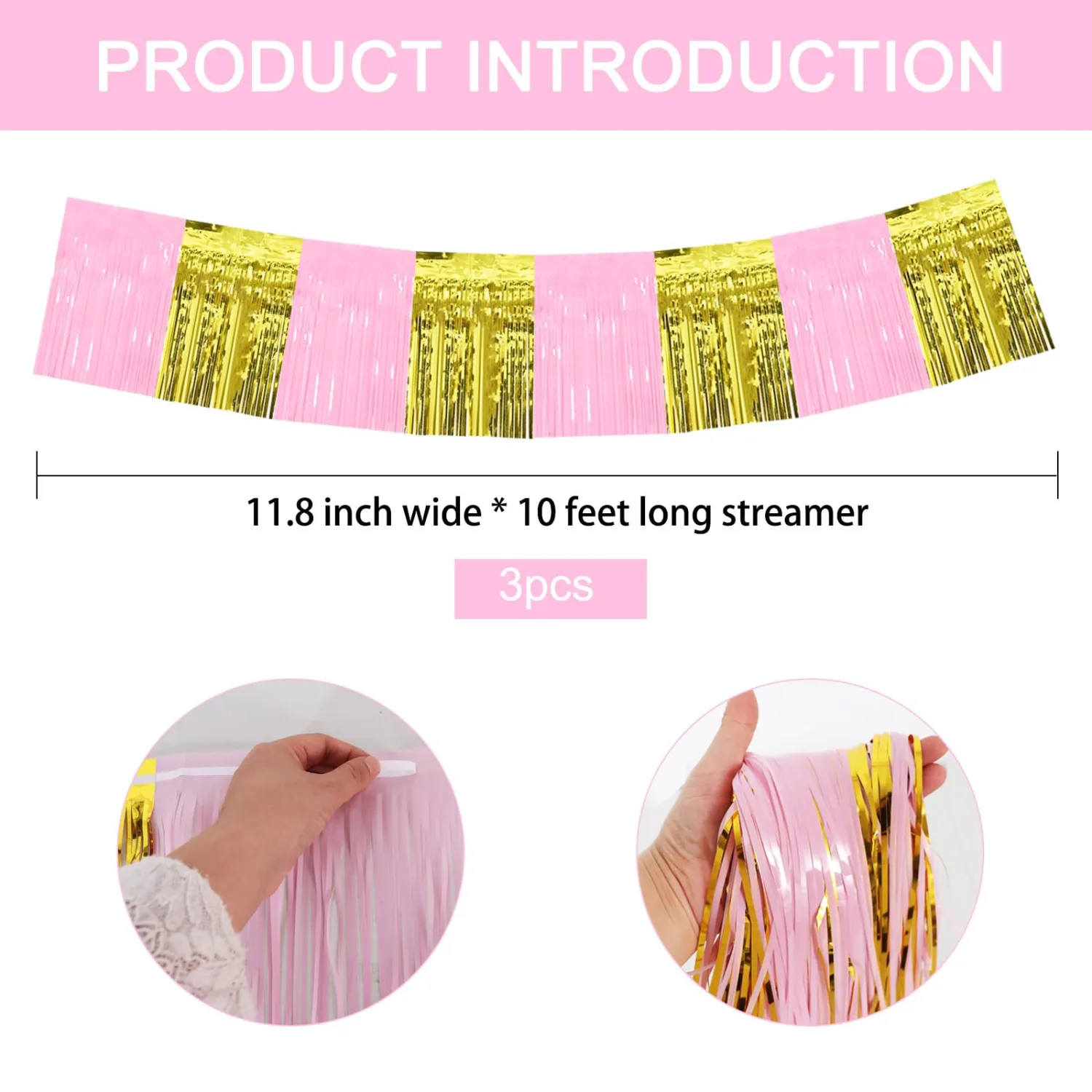 BEISHIDA 3 Packs Metallic Foil Fringe Garland Macaron Pink Gold Wall Hanging Tinsel Fringe Banners for Car Floats Bridal Shower Wedding Birthday Graduation Holiday Party Decoration(30 Feet)