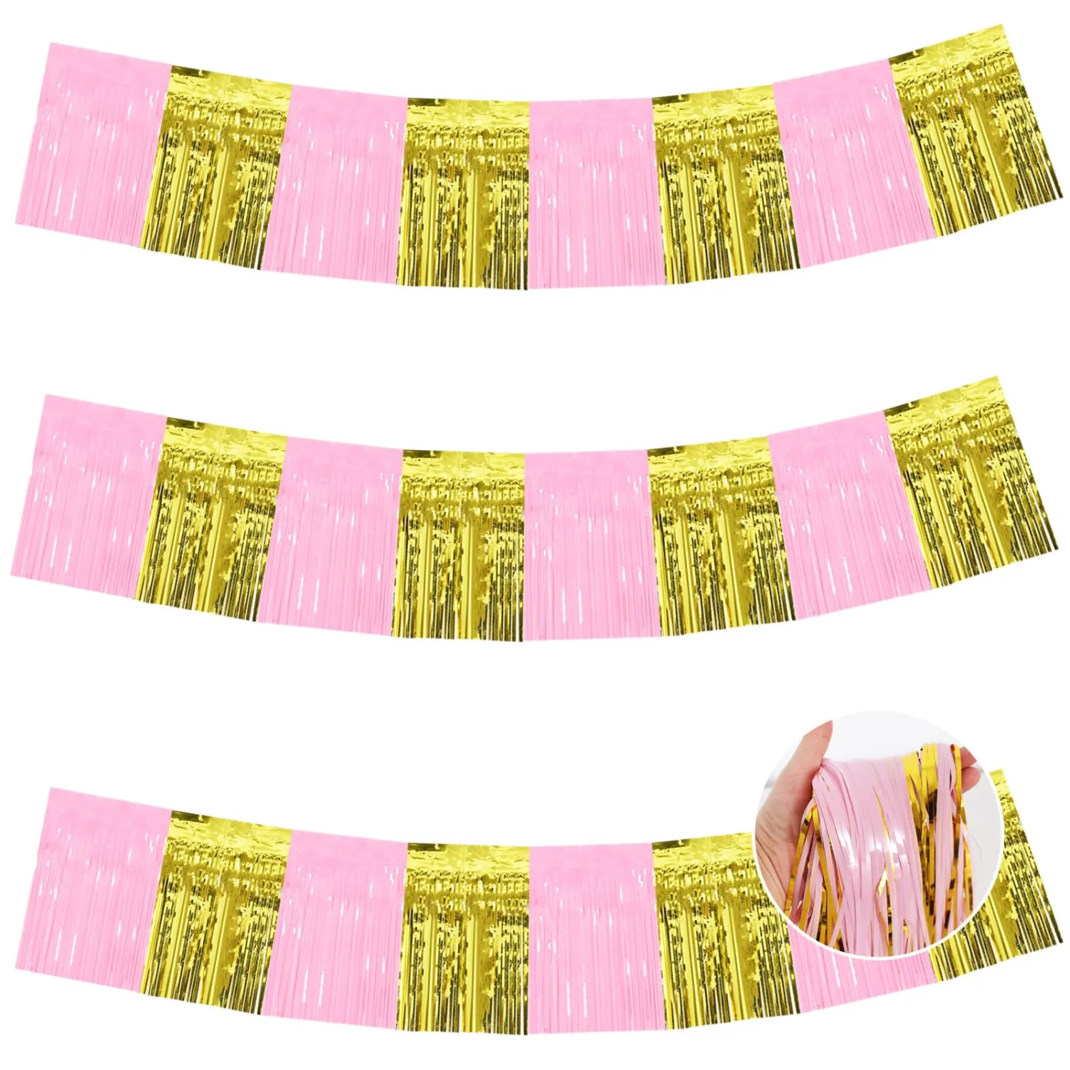 BEISHIDA 3 Packs Metallic Foil Fringe Garland Macaron Pink Gold Wall Hanging Tinsel Fringe Banners for Car Floats Bridal Shower Wedding Birthday Graduation Holiday Party Decoration(30 Feet)
