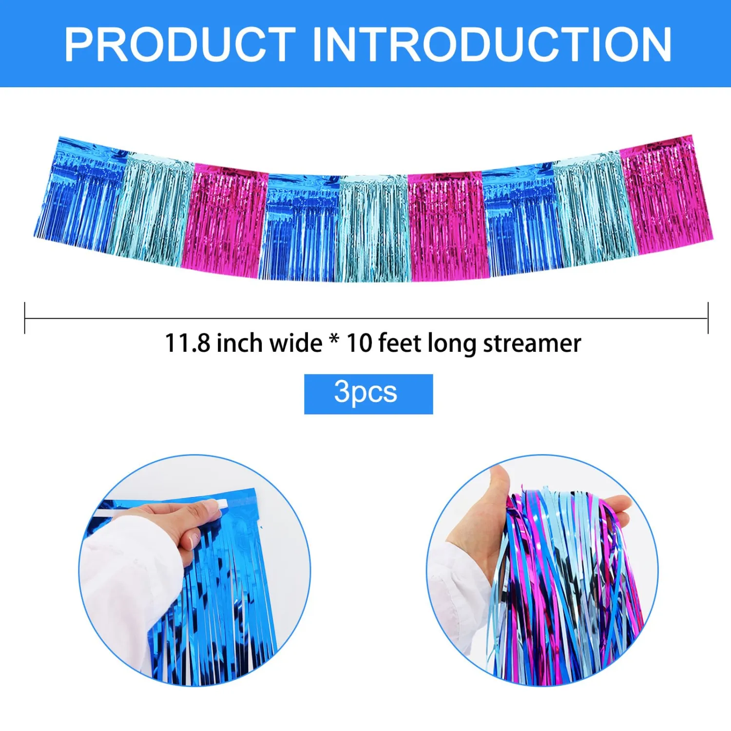 BEISHIDA 3 Packs Metallic Foil Fringe Garland Mix Blue Pink Wall Hanging Tinsel Fringe Banners for Car Floats Birthday Baby Bridal Shower Wedding Graduation Holiday Party Decoration(30 Feet)