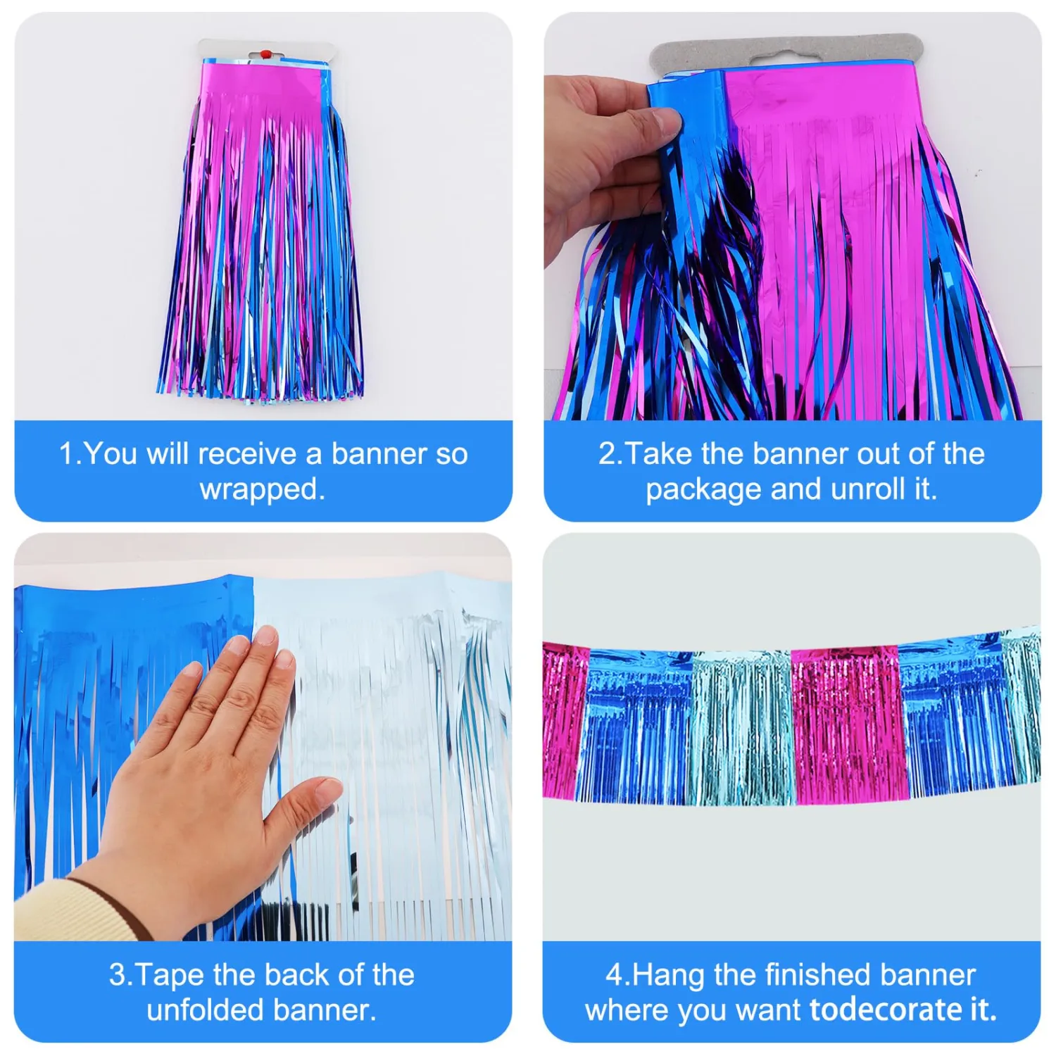 BEISHIDA 3 Packs Metallic Foil Fringe Garland Mix Blue Pink Wall Hanging Tinsel Fringe Banners for Car Floats Birthday Baby Bridal Shower Wedding Graduation Holiday Party Decoration(30 Feet)