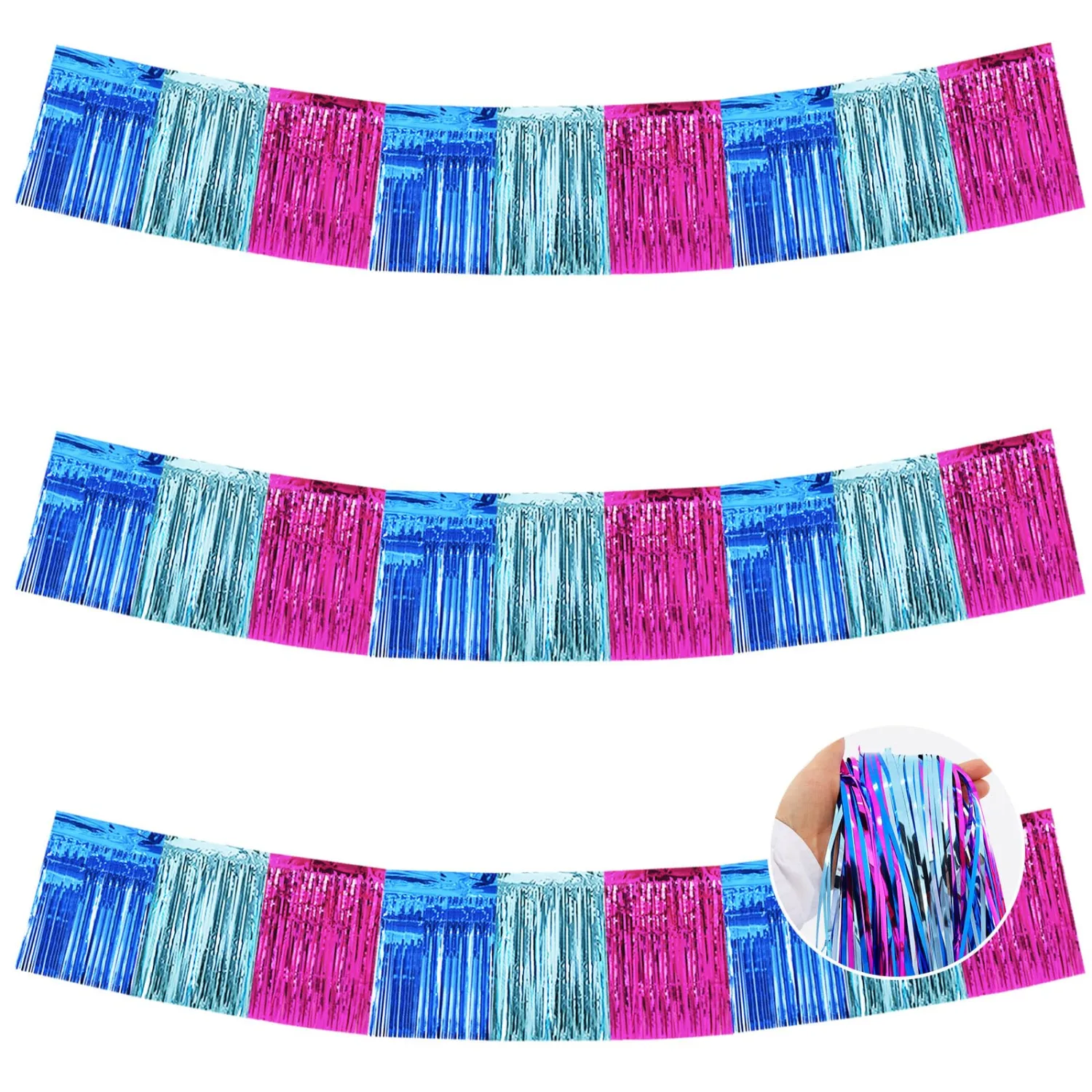 BEISHIDA 3 Packs Metallic Foil Fringe Garland Mix Blue Pink Wall Hanging Tinsel Fringe Banners for Car Floats Birthday Baby Bridal Shower Wedding Graduation Holiday Party Decoration(30 Feet)