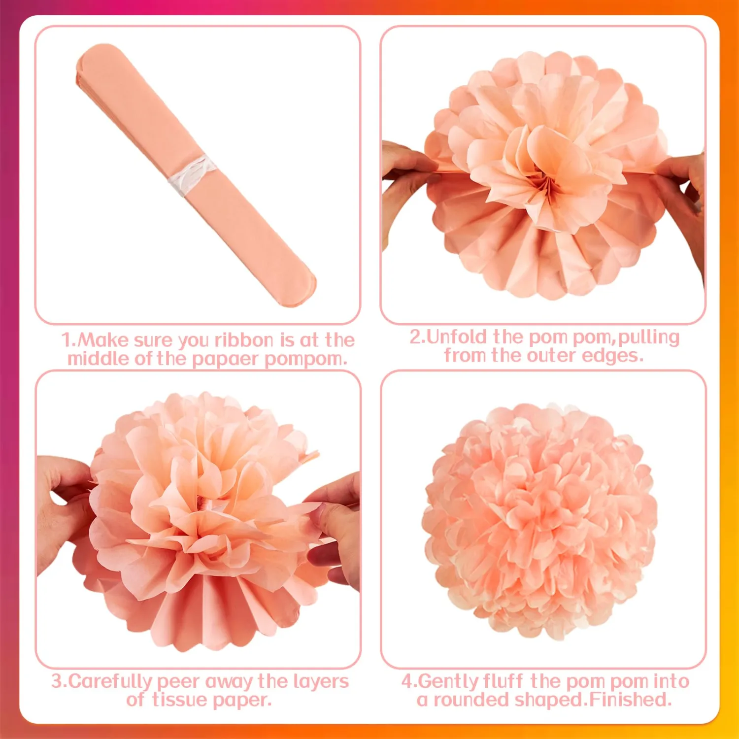 15Pcs Tissue Pom Poms Pink Orange Paper Flowers Hanging Decorations Orange Pink Flower Ball for Baby Shower Wedding Nursery Birthday Party Backdrop Home Outdoor