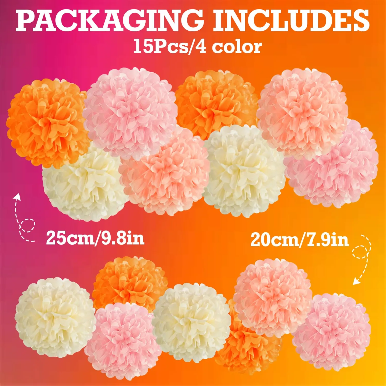 15Pcs Tissue Pom Poms Pink Orange Paper Flowers Hanging Decorations Orange Pink Flower Ball for Baby Shower Wedding Nursery Birthday Party Backdrop Home Outdoor