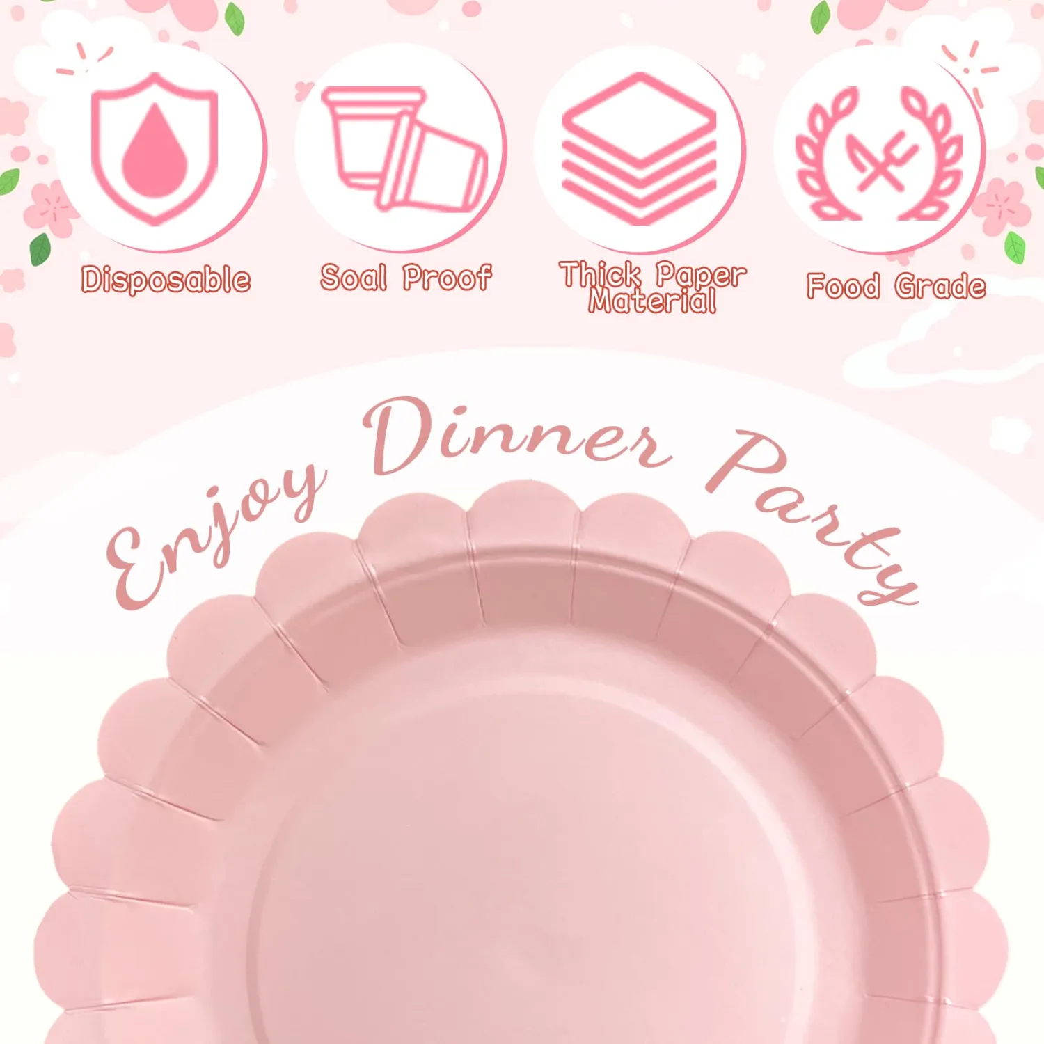 Stylish Pink Paper Plates 60 Count,Eco Compostable Plates,7" Small Paper Plates,Scalloped Dessert Plates Disposable Pink Plates for Party,Birthdays Weddings Picnics,Easter or Daily Use