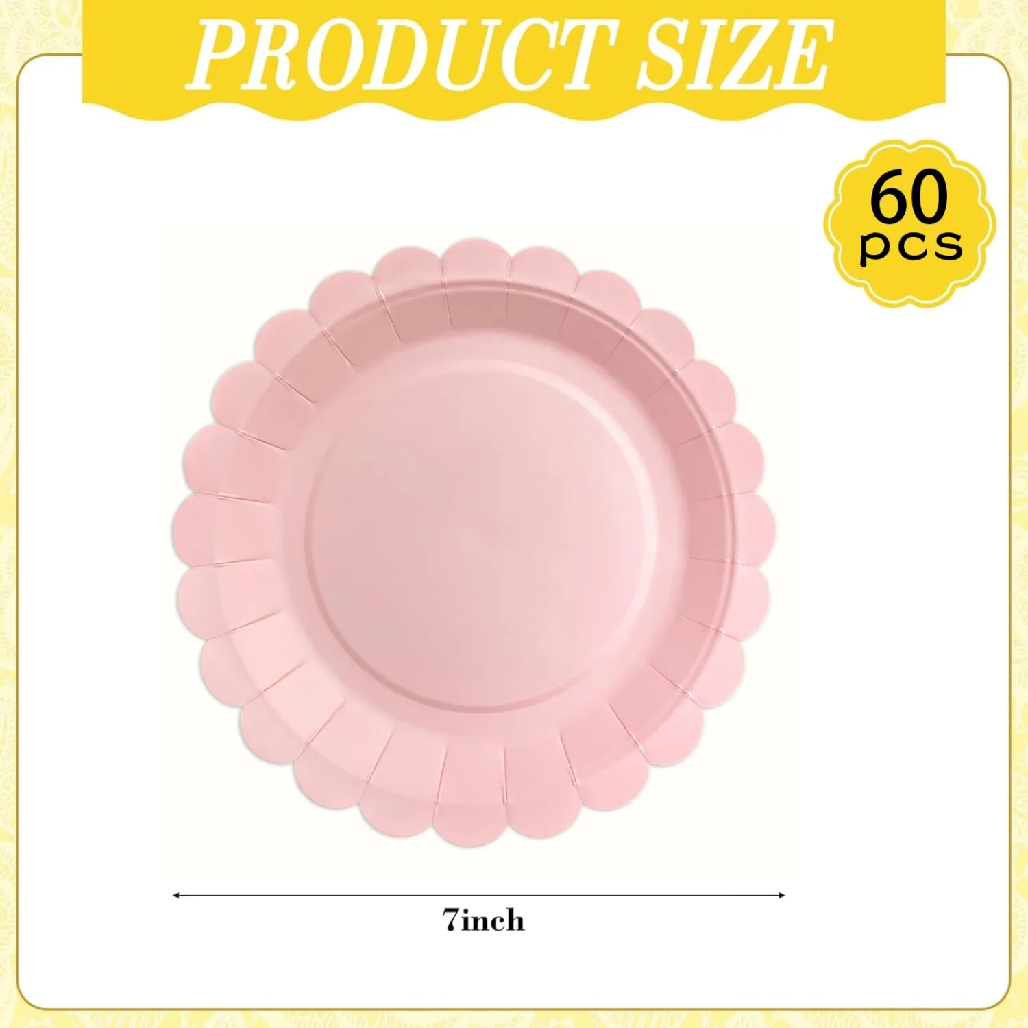 Stylish Pink Paper Plates 60 Count,Eco Compostable Plates,7" Small Paper Plates,Scalloped Dessert Plates Disposable Pink Plates for Party,Birthdays Weddings Picnics,Easter or Daily Use
