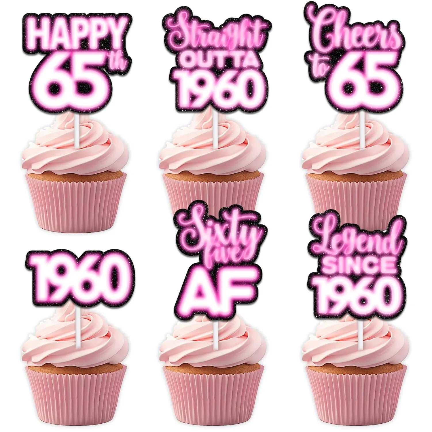 18pcs Pink Glitter Dessert Cupcake Topper Pick for Straight Outta 1960 Legend Since 1960 Theme Decor Supplies Men Happy 65th Birthday Party Decorations