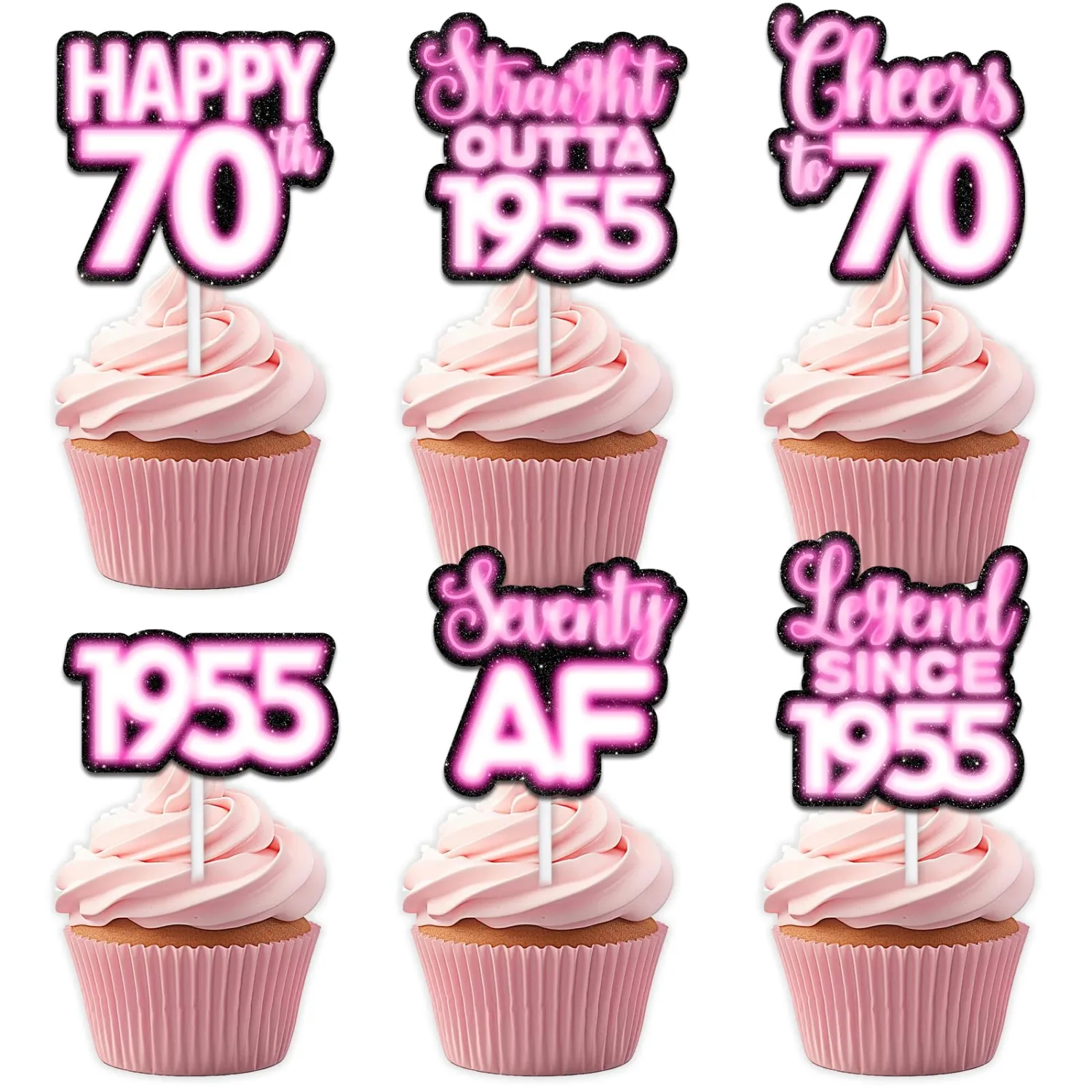 18pcs Pink Glitter Dessert Cupcake Topper Pick for Straight Outta 1955 Legend Since 1955 Theme Decor Supplies Men Happy 70th Birthday Party Decorations