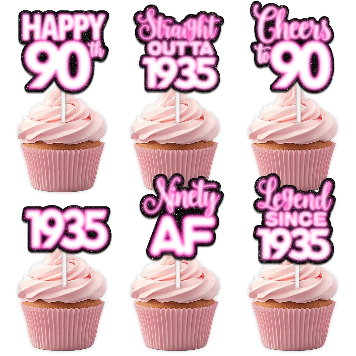 18pcs Pink Glitter Dessert Cupcake Topper Pick for Straight Outta 1935 Legend Since 1935 Theme Decor Supplies Men Happy 90th Birthday Party Decorations