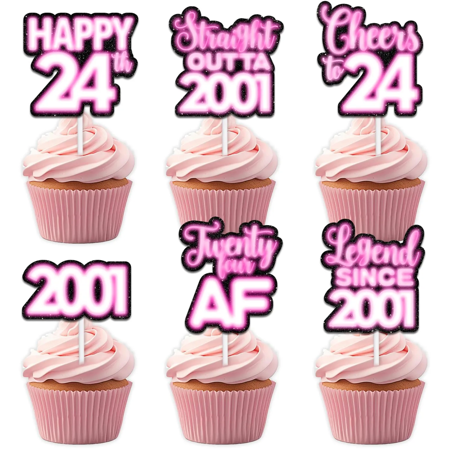 18pcs Pink Glitter Dessert Cupcake Topper Pick for Straight Outta 2001 Legend Since 2001 Theme Decor Supplies Men Happy 24th Birthday Party Decorations