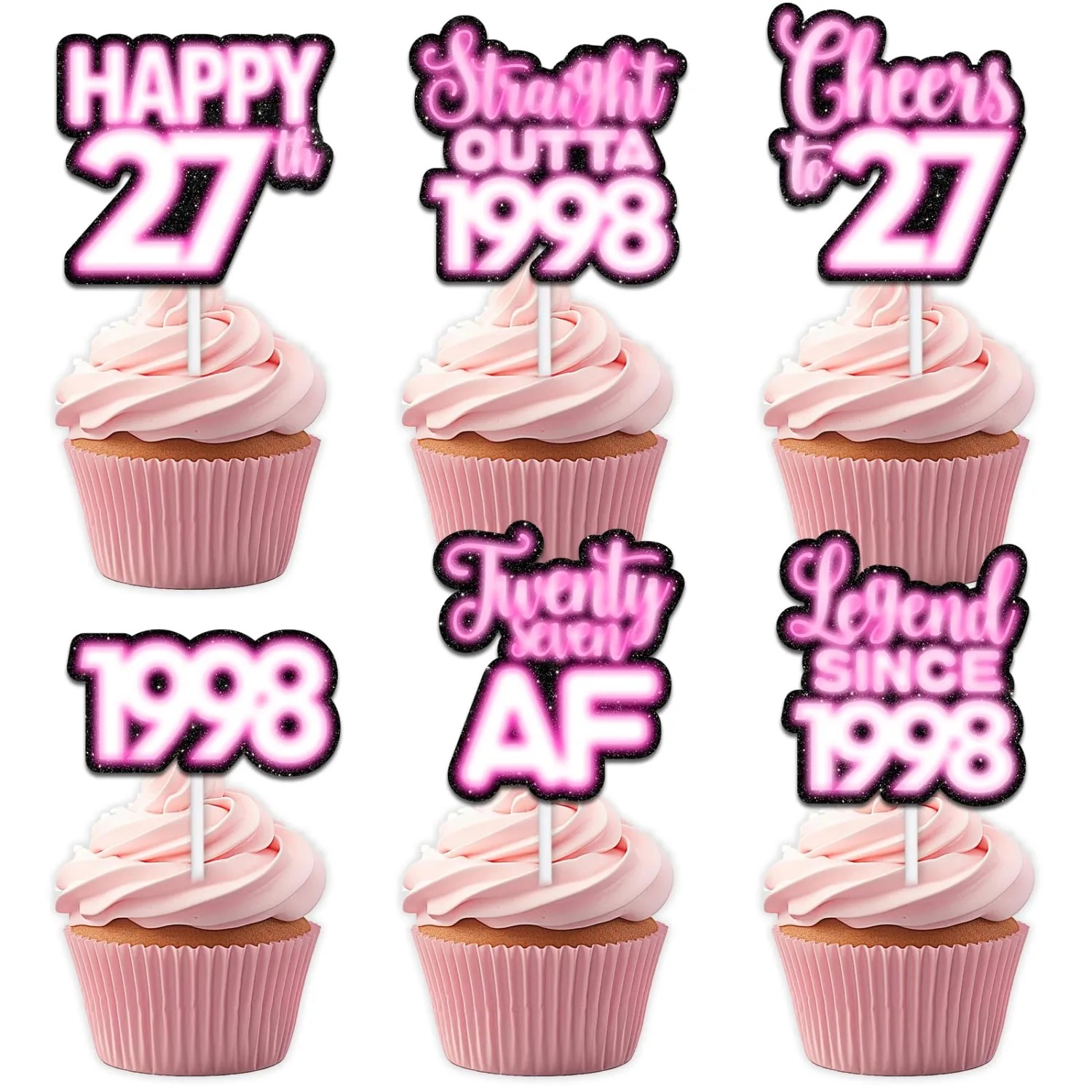 18pcs Pink Glitter Dessert Cupcake Topper Pick for Straight Outta 1998 Legend Since 1998 Theme Decor Supplies Men Happy 27th Birthday Party Decorations