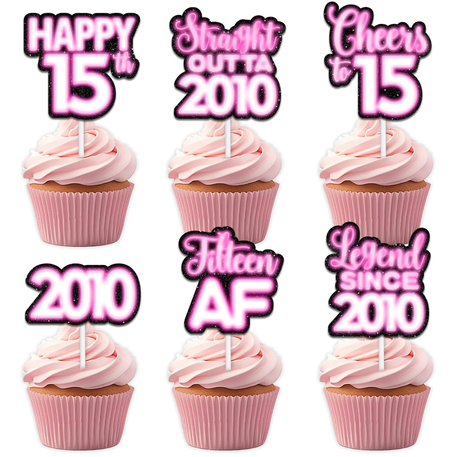 18pcs Pink Glitter Dessert Cupcake Topper Pick for Straight Outta 2010 Legend Since 2010 Theme Decor Supplies Boy Happy 15th Birthday Party Decorations
