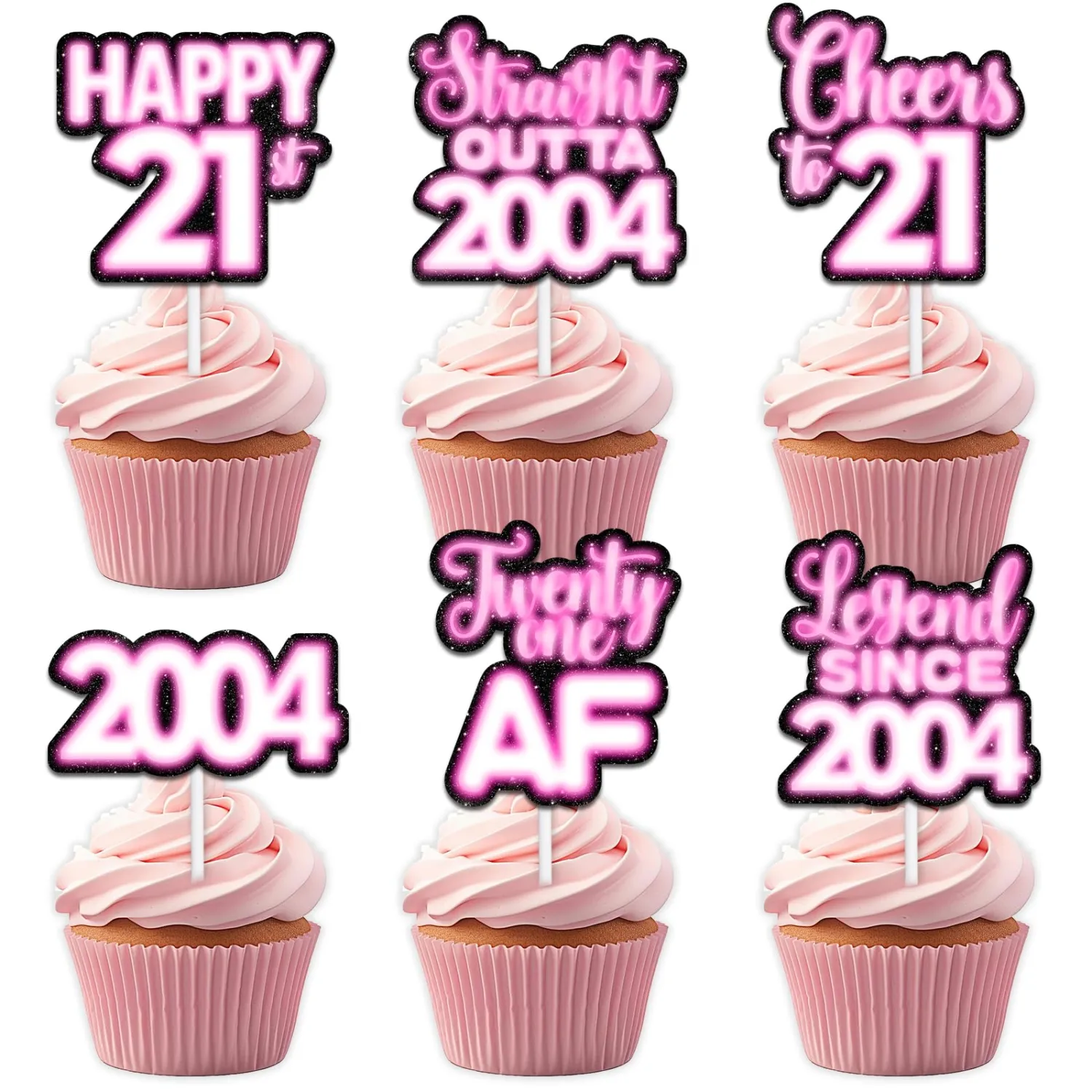 18pcs Pink Glitter Dessert Cupcake Topper Pick for Straight Outta 2004 Legend Since 2004 Theme Decor Supplies Men Happy 21st Birthday Party Decorations