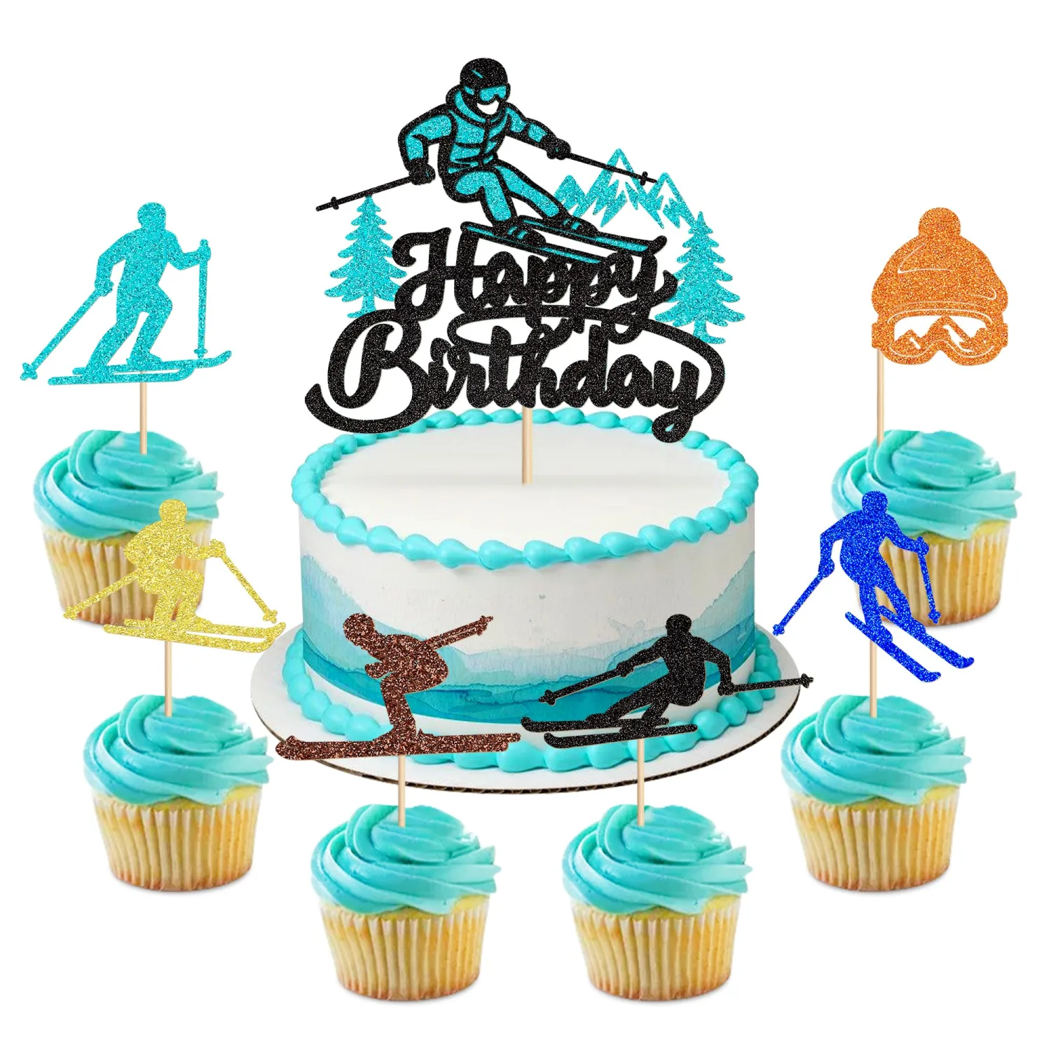 25Pcs Skiing Birthday Cake Toppers Glitter Colored Skier Cupcake Toppers for Skiing Baby Shower Ski Boys Birthday Cake Decorations Winter Sports Birthday Party Decoration