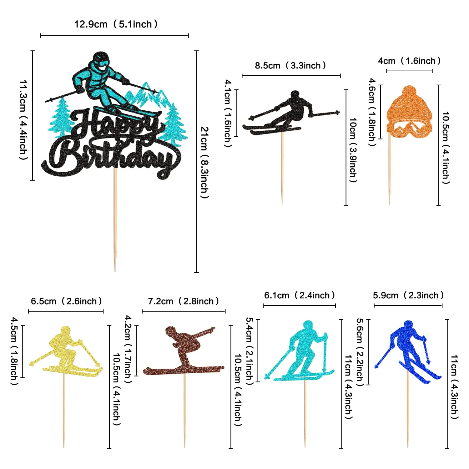 25Pcs Skiing Birthday Cake Toppers Glitter Colored Skier Cupcake Toppers for Skiing Baby Shower Ski Boys Birthday Cake Decorations Winter Sports Birthday Party Decoration
