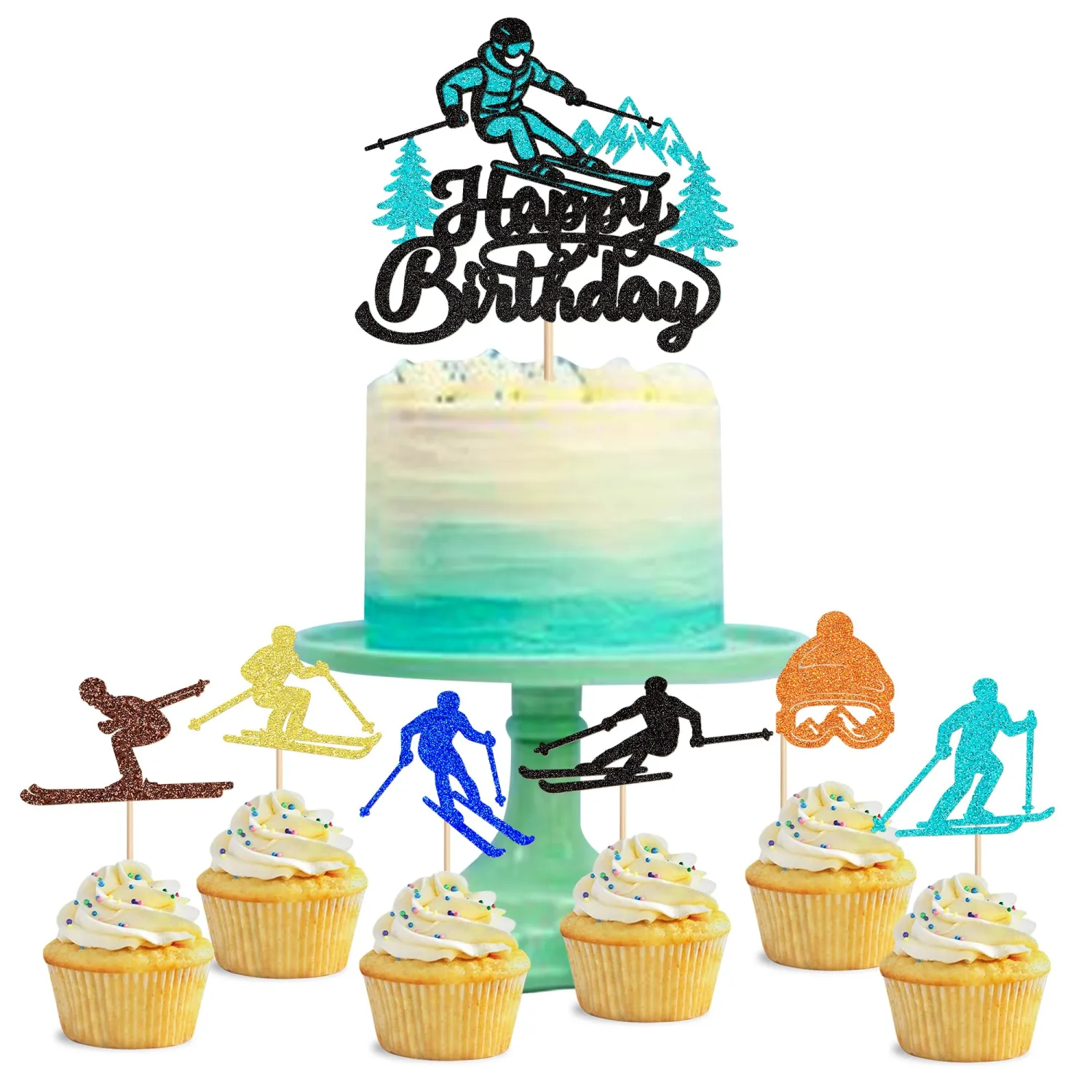 25Pcs Skiing Birthday Cake Toppers Glitter Colored Skier Cupcake Toppers for Skiing Baby Shower Ski Boys Birthday Cake Decorations Winter Sports Birthday Party Decoration