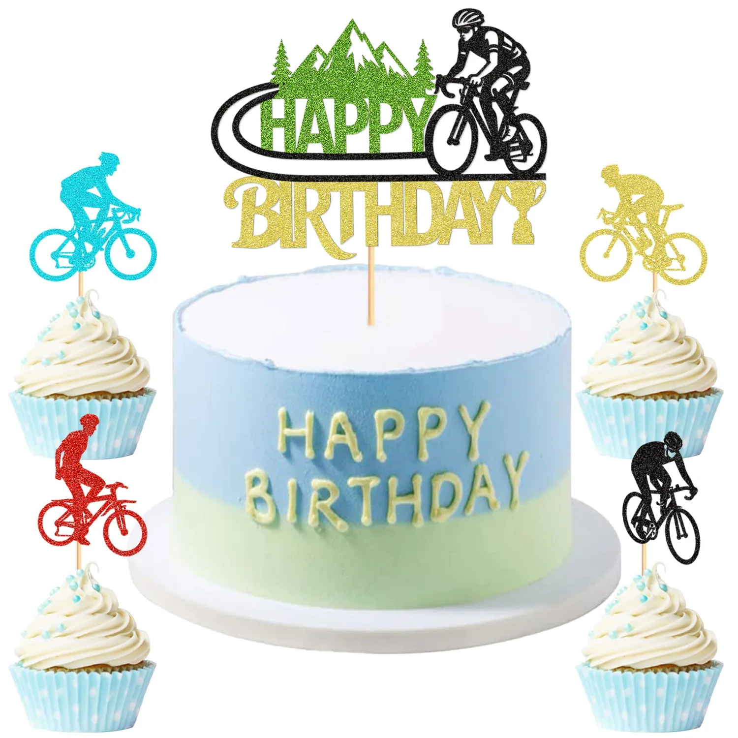 25Pcs Road Cycling Birthday Cake Topper Bicycle Riding Cupcake Toppers for Road Bicycle Sports Cake Decorations Cycling Sports Birthday Party Decoration