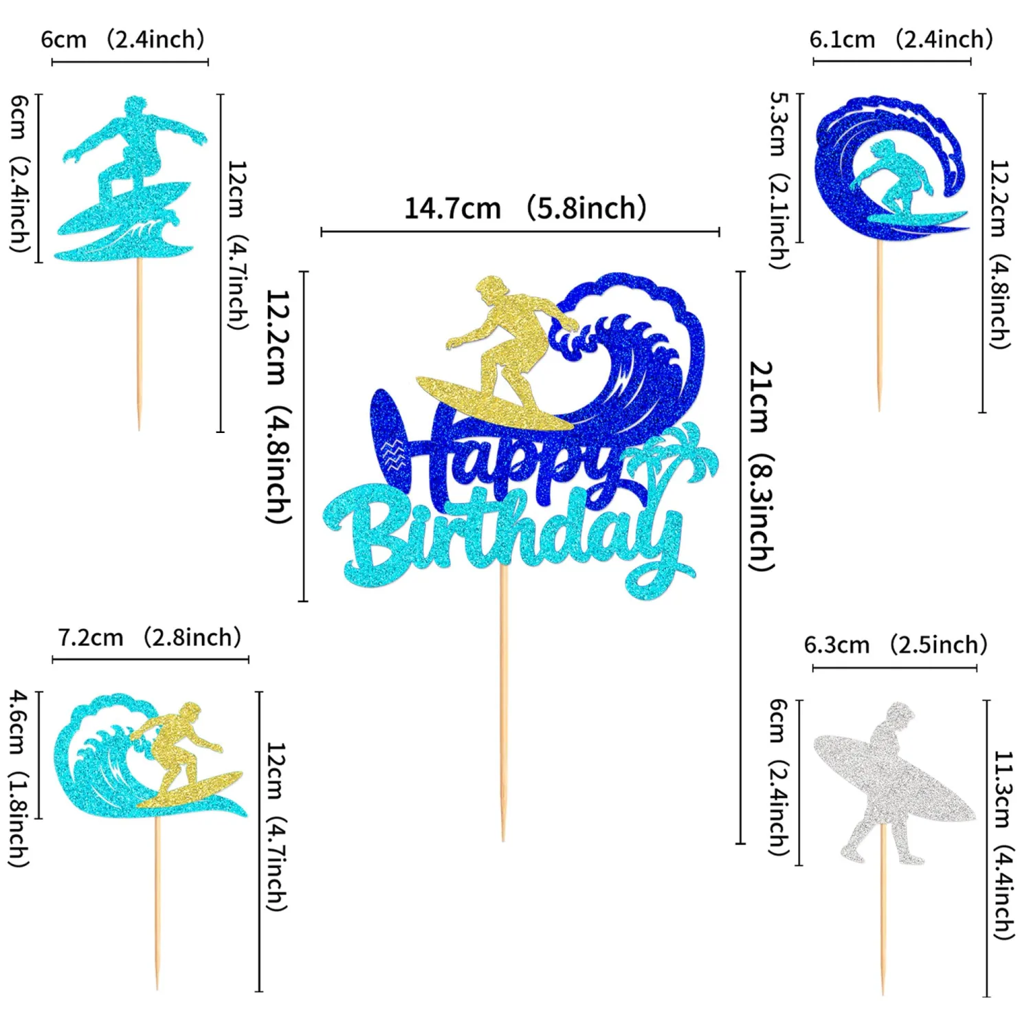 25Pcs Surfing Happy Birthday Cake Topper Blue Wave Glitter Cupcake Picks for Surfers Birthday Summer Beach Surfboard Party Desserts Decors Ocean Sports Party Cupcake Ornament