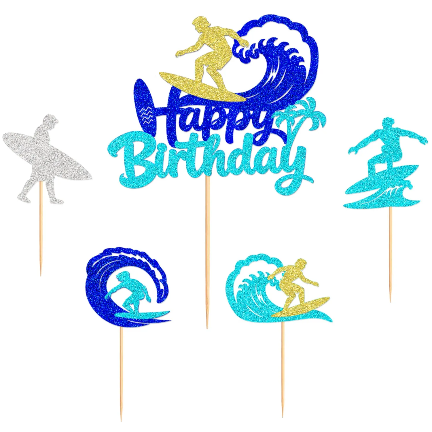 25Pcs Surfing Happy Birthday Cake Topper Blue Wave Glitter Cupcake Picks for Surfers Birthday Summer Beach Surfboard Party Desserts Decors Ocean Sports Party Cupcake Ornament