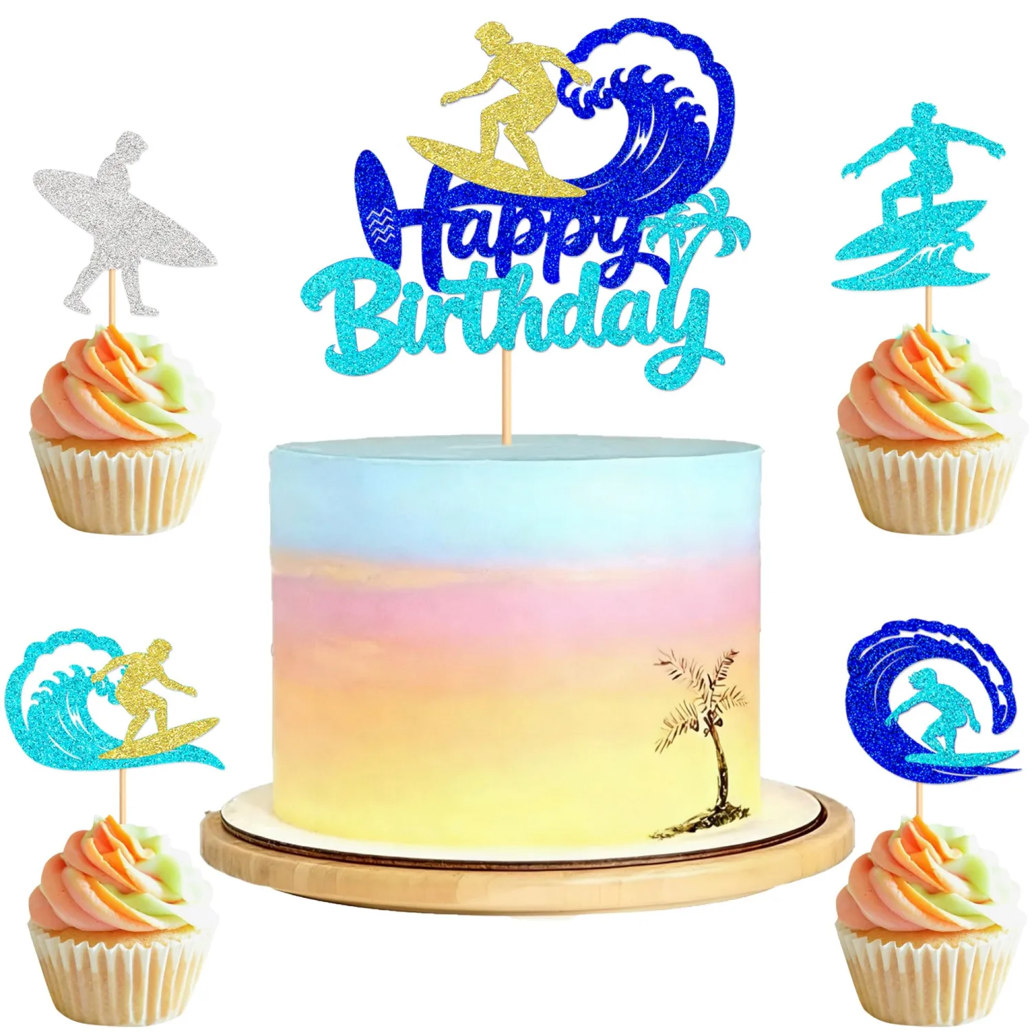 25Pcs Surfing Happy Birthday Cake Topper Blue Wave Glitter Cupcake Picks for Surfers Birthday Summer Beach Surfboard Party Desserts Decors Ocean Sports Party Cupcake Ornament