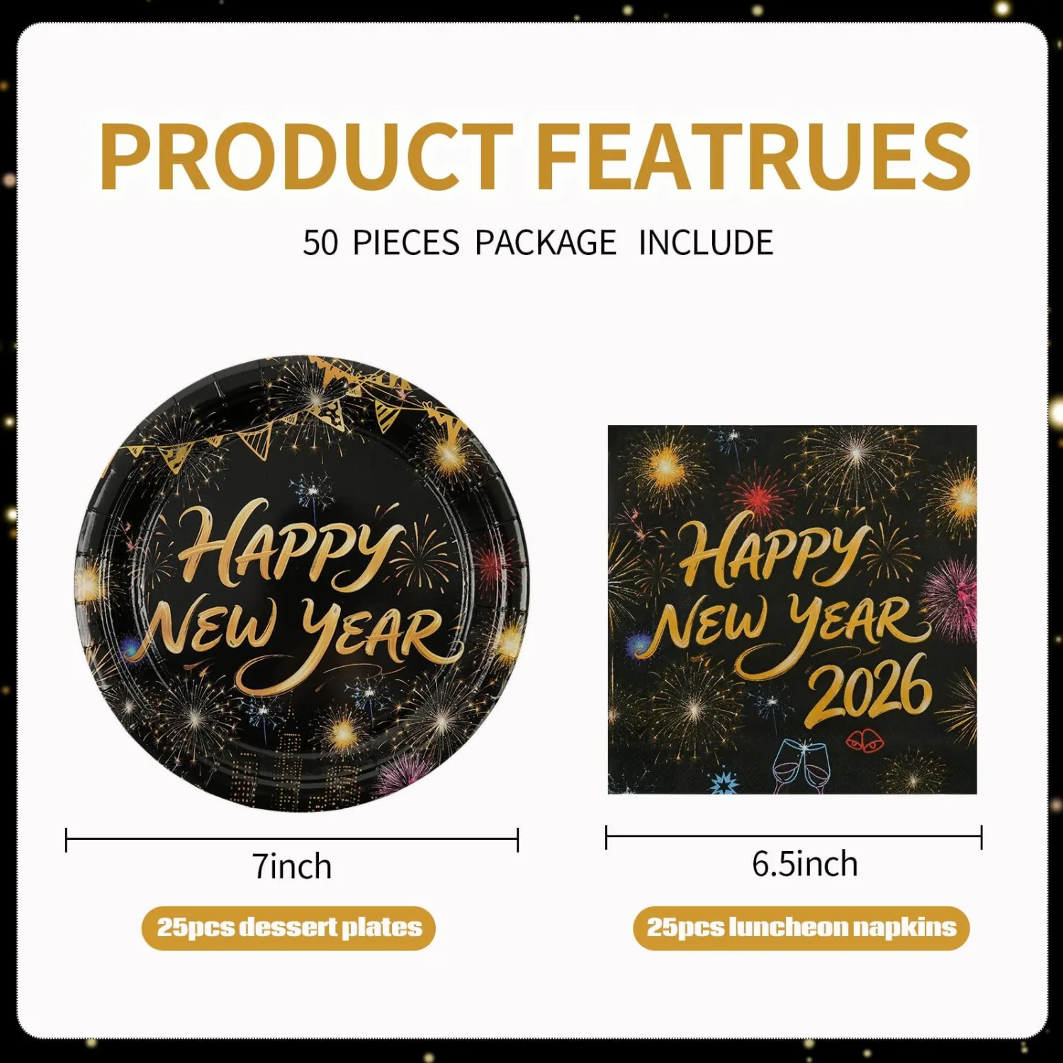 50pcs New Year Paper plates and napkins, 7inch Happy New Years Eve Party Supplies 2026 Disposable Black and Gold Dessert Plate Party Tableware Set for Newyear Holiday Celebration Dinner Decorations