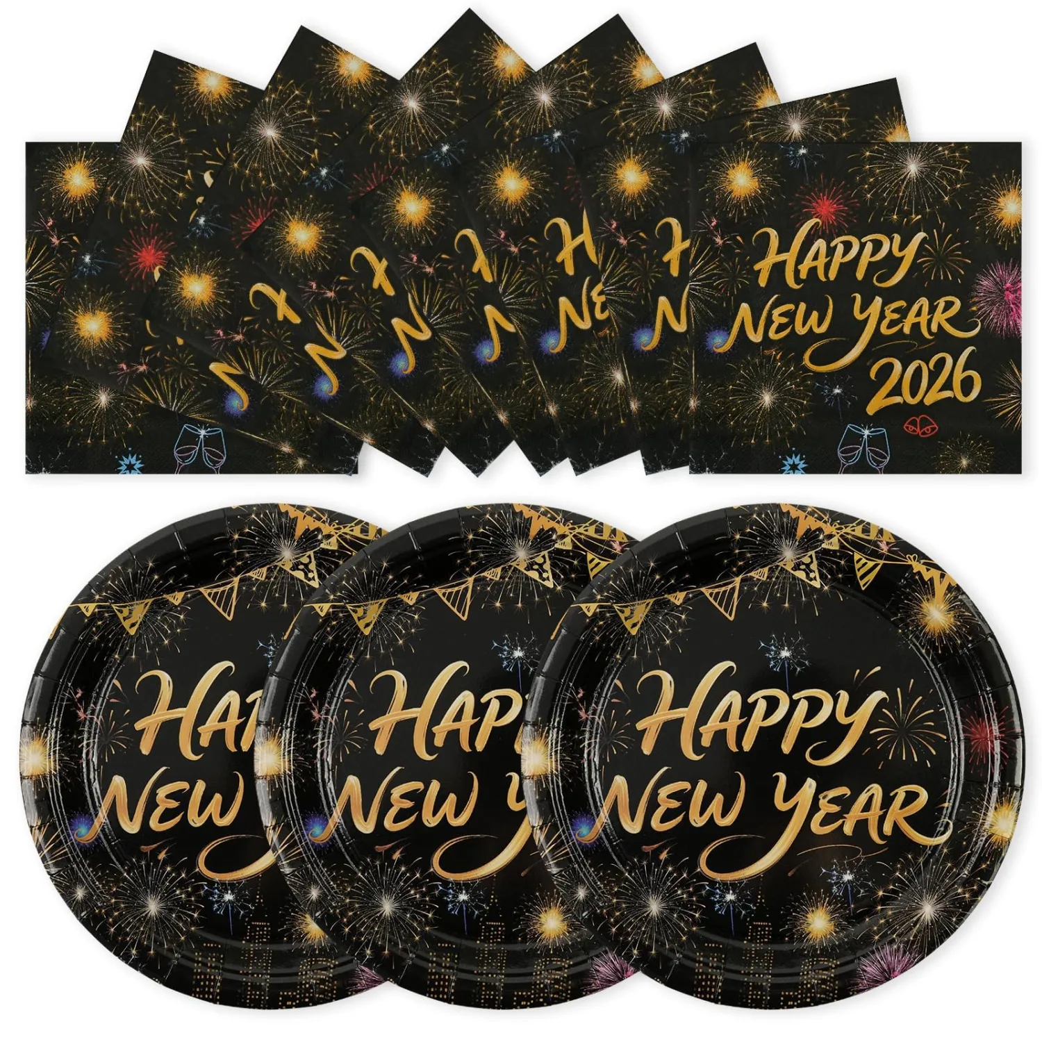 50pcs New Year Paper plates and napkins, 7inch Happy New Years Eve Party Supplies 2026 Disposable Black and Gold Dessert Plate Party Tableware Set for Newyear Holiday Celebration Dinner Decorations