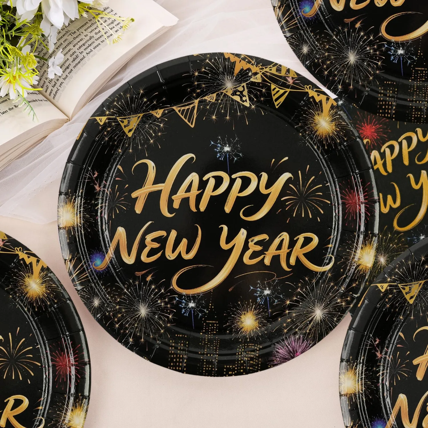 50pcs New Year Paper plates and napkins, 7inch Happy New Years Eve Party Supplies 2026 Disposable Black and Gold Dessert Plate Party Tableware Set for Newyear Holiday Celebration Dinner Decorations