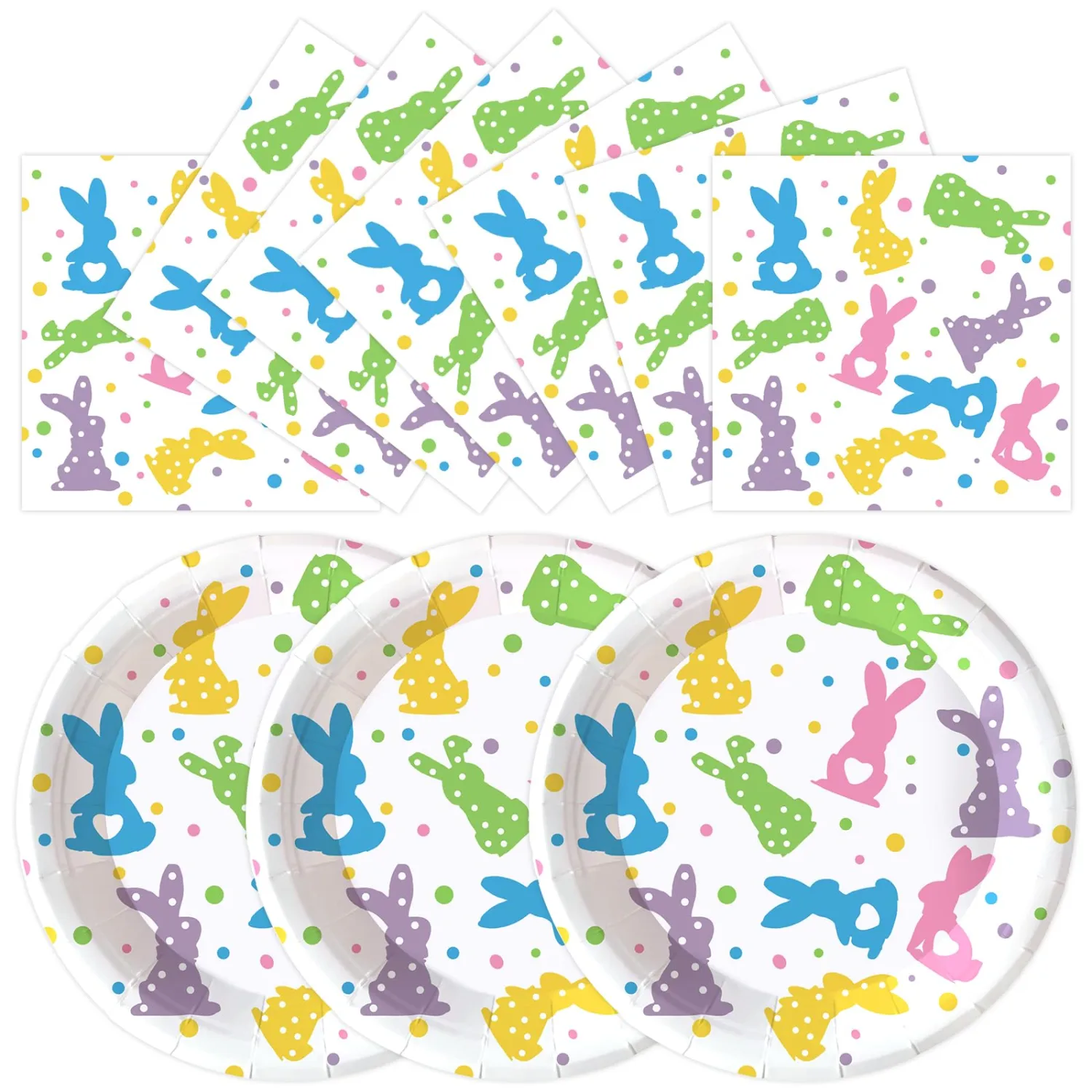50pcs Happy Easter Plates and Napkins, 7inch Disposable Bunny Dot Paper Dessert Plates Cute Rabbit Party Plates Luncheon Napkins Party Tableware for Easter Activity Party Supplies Decorations