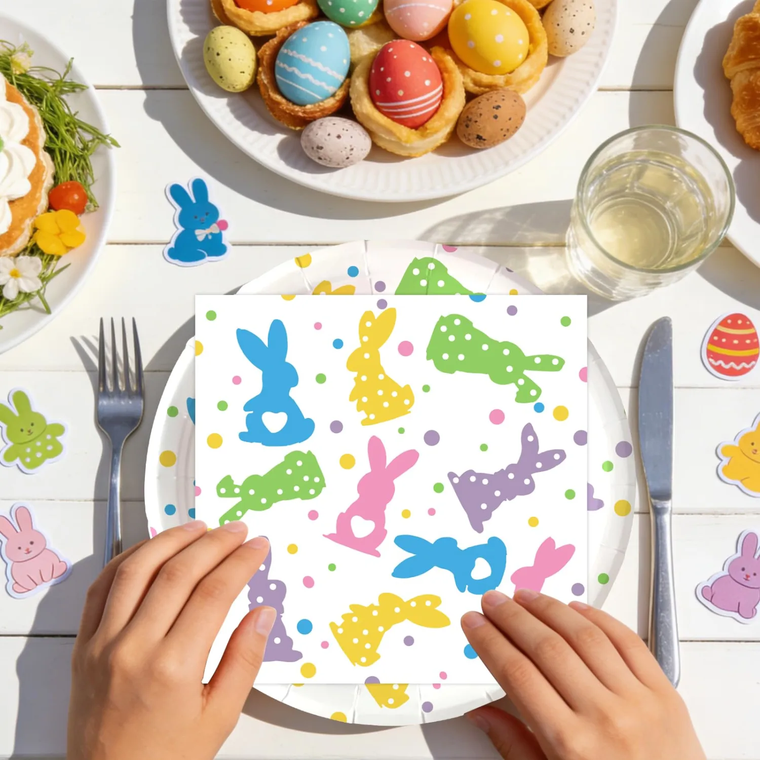 50pcs Happy Easter Plates and Napkins, 7inch Disposable Bunny Dot Paper Dessert Plates Cute Rabbit Party Plates Luncheon Napkins Party Tableware for Easter Activity Party Supplies Decorations