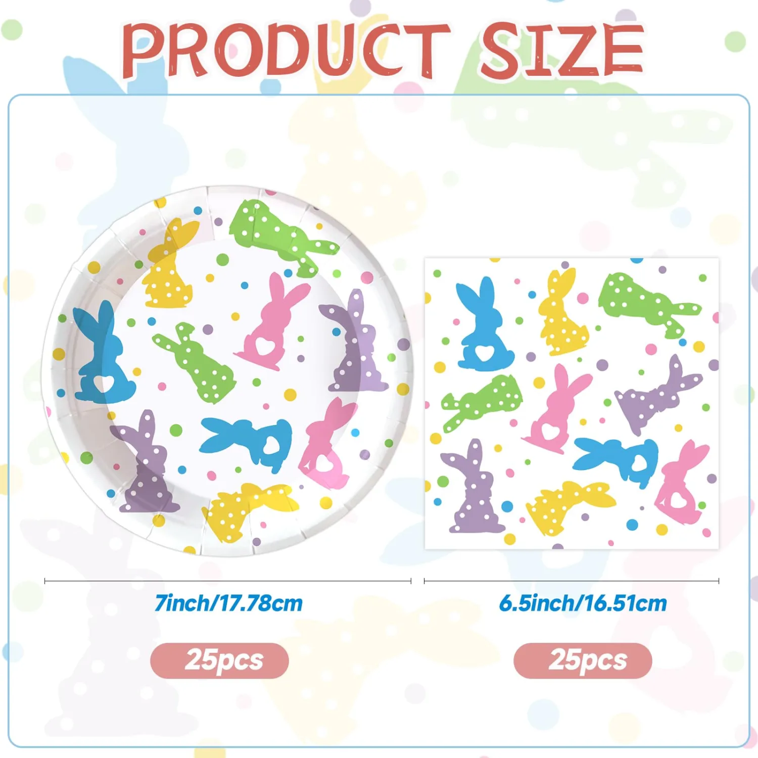 50pcs Happy Easter Plates and Napkins, 7inch Disposable Bunny Dot Paper Dessert Plates Cute Rabbit Party Plates Luncheon Napkins Party Tableware for Easter Activity Party Supplies Decorations