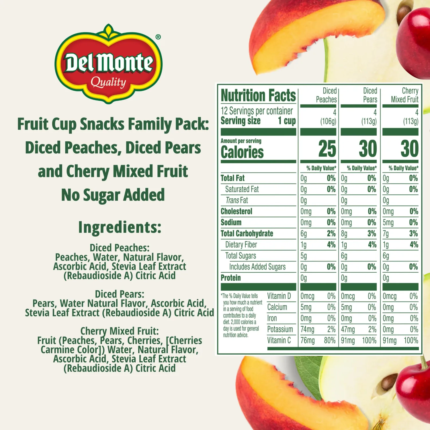 Del Monte Fruit Cup Snacks Variety Pack with No Added Sugar, 4 oz Cups (12 Pack) Diced Peaches, Diced Pears, Cherry Mixed Fruit