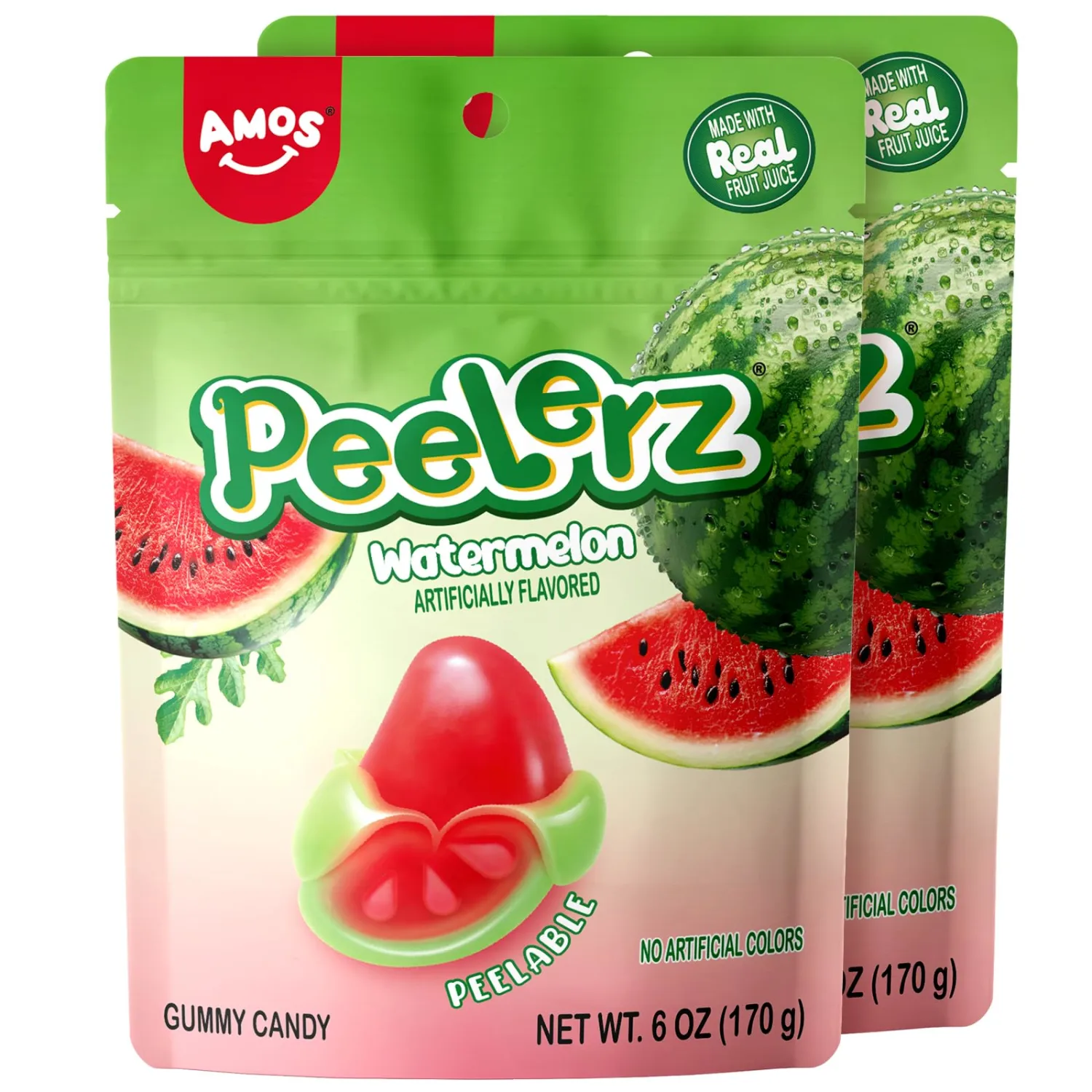 AMOS Peelerz Peelable Watermelon Gummy Candy Variety Pack, Soft Chewy Gummy Snack Made with Real Fruit Juice, Fun Peel & Eat Candy Treat, 2 pack