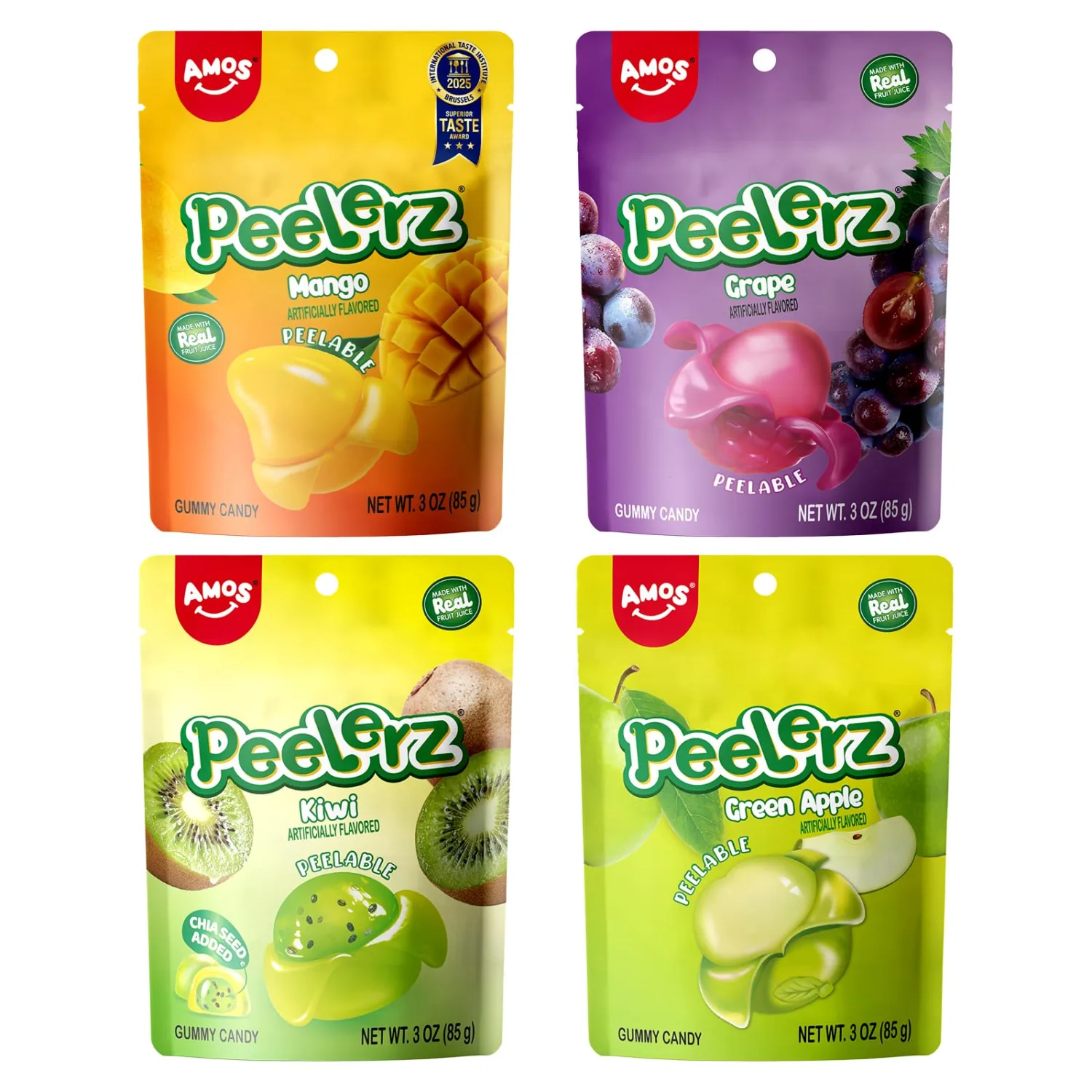 AMOS Peelerz Peelable Gummy Candy Bundle, Mango Grape Kiwi Green apple Flavors, Fruit Gummy Variety Pack, 4 Pack