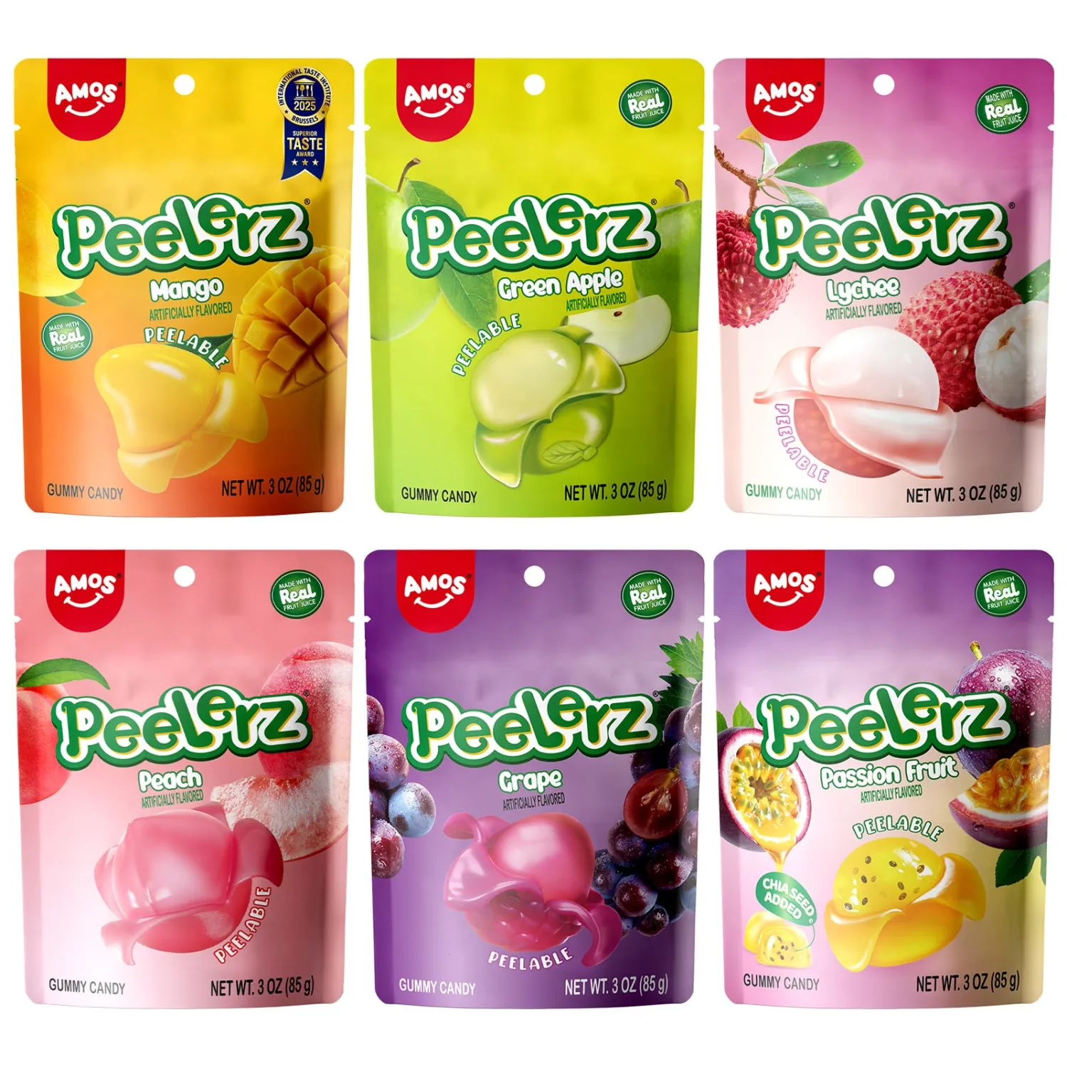 AMOS Peelerz Peelable Gummy Candy Variety Pack, Mango White Peach Grape Green Apple Passion Fruit Lychee, Soft Chewy Fruit Snack, Pack of 6