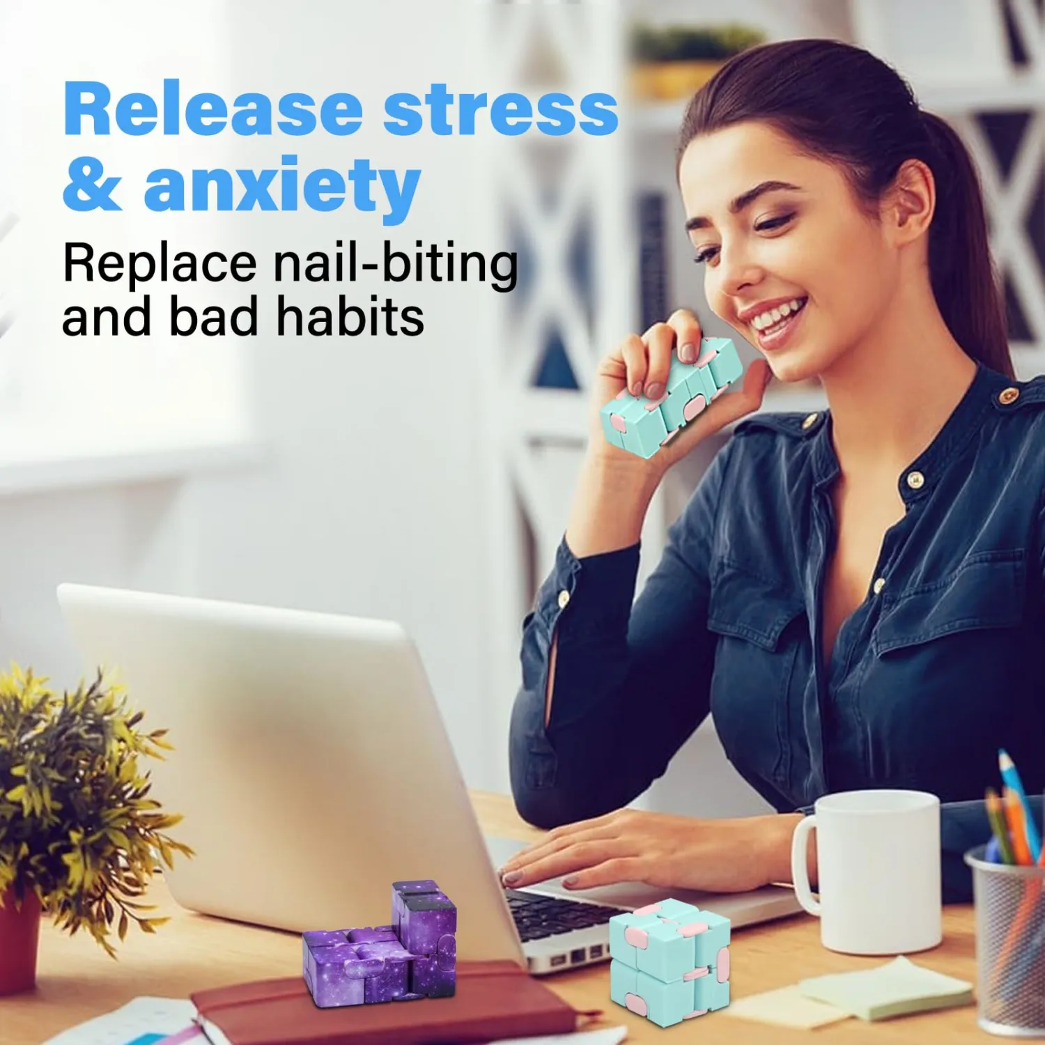 Infinitycube Fidget Toy Stress Relieving Fidgeting Game for Kids and Adults,Cute Pocket-Sized Unique Gadget for Anxiety Relief and Kill Time (2, Blue & Purple Galaxy)