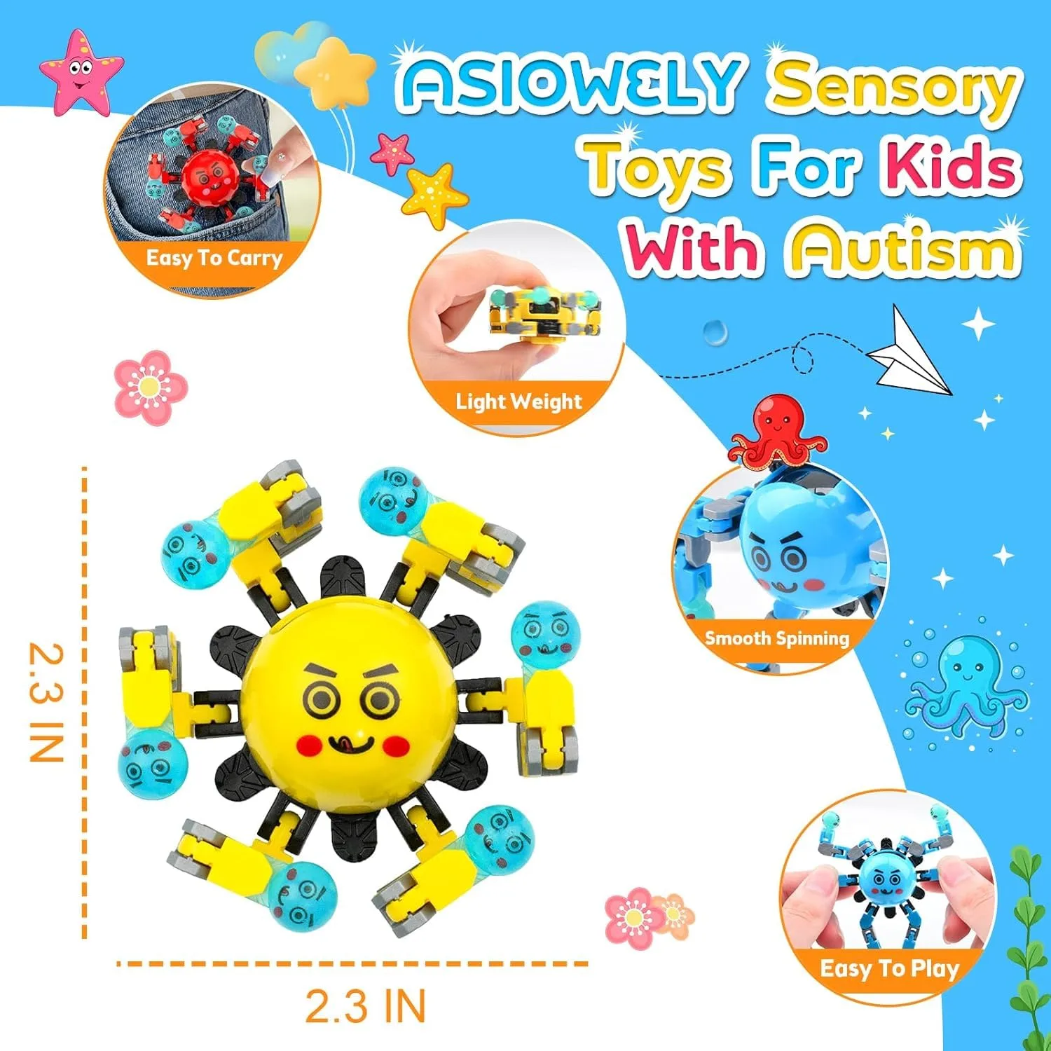 Transformable Fidget Spinner Toys for Kids and Adults,4 PCS Sensory Toy for Boys Girl ADHD Stress Relief,Easter Basket Stuffers Gifts Fingertip Gyros Birthdays Travel Party Favors for Teens