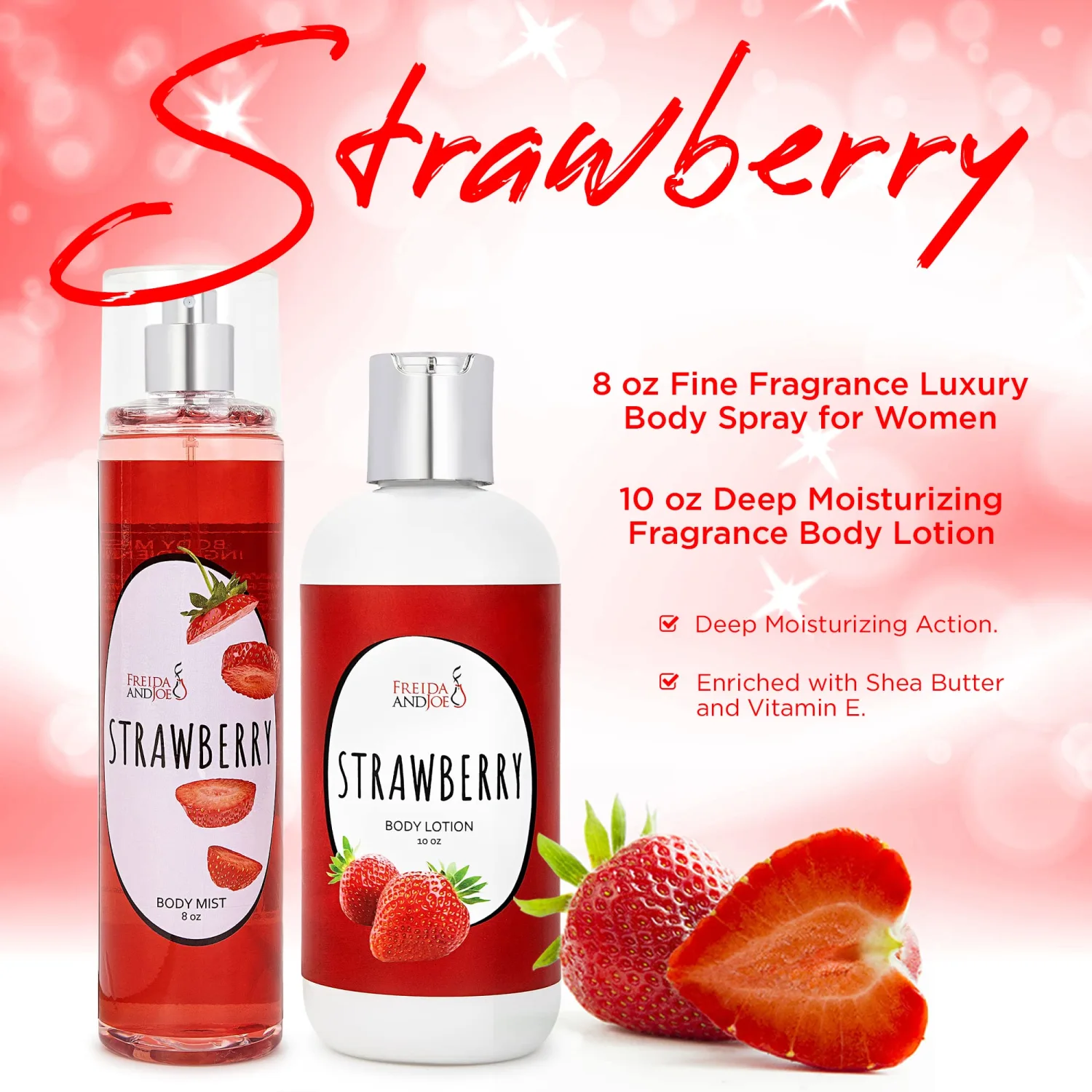 Home Spa Gift 10oz Deep Moisturizing Fragrance Body Lotion & 8 oz. Fine Fragrance Body Mist Set Luxury Self-Care Combo for Women and Girls (Strawberry) – Mother's Day Gift for Mom