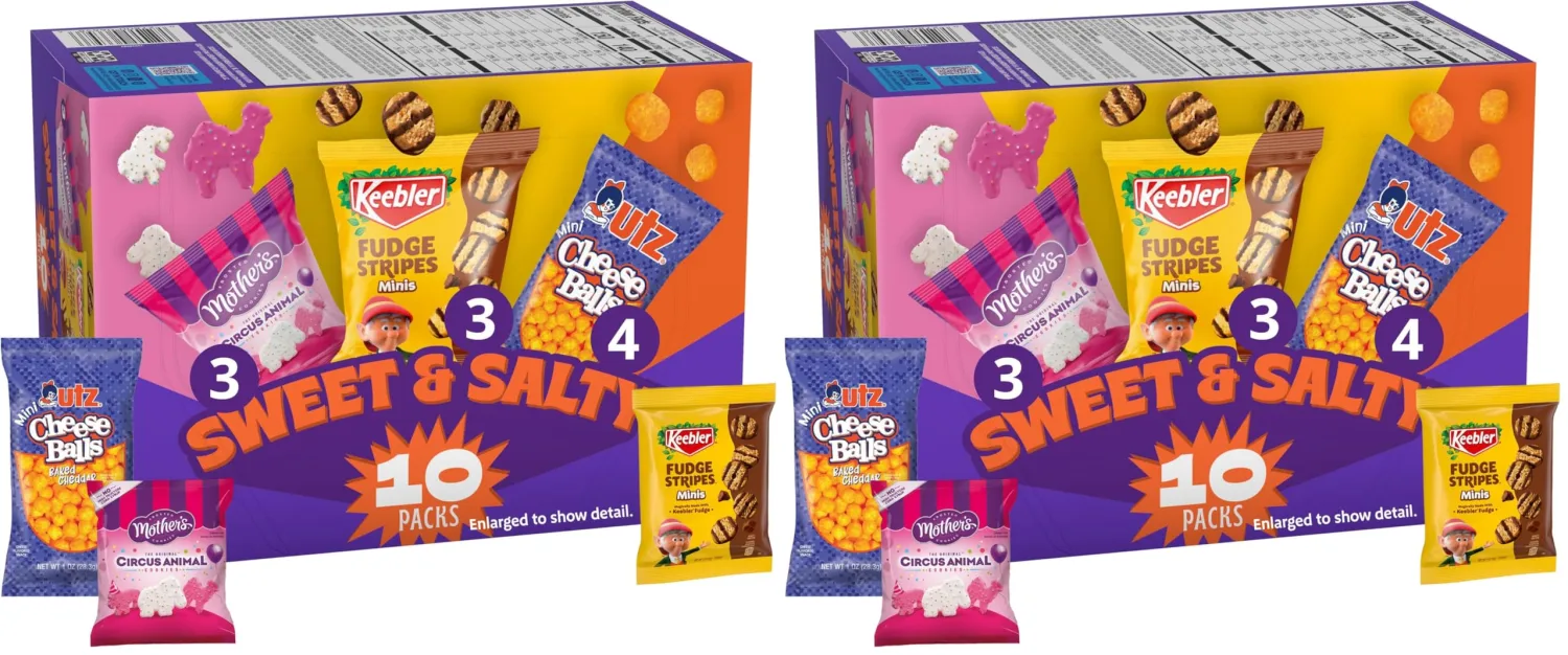 Keebler Sweet & Salty Variety Pack, 10-Count Box, Mother’s Circus, Keebler Fudge Stripes, and Utz Cheese Balls, 10 oz (Pack of 2)