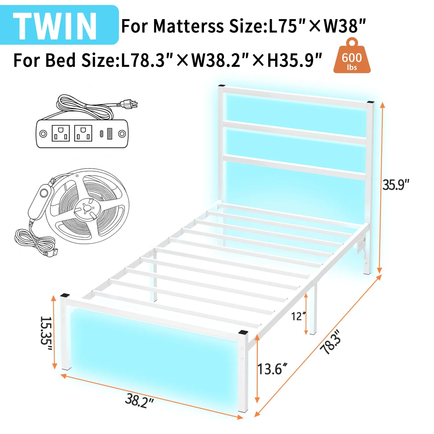 Twin Bed Frame with Headboard,Heavy Duty Steel Slats Support-LED Bed Frame with USB Charging Station,Mattress Foundation-Under Bed Storage,No Box Spring Needed,Noise Free,White