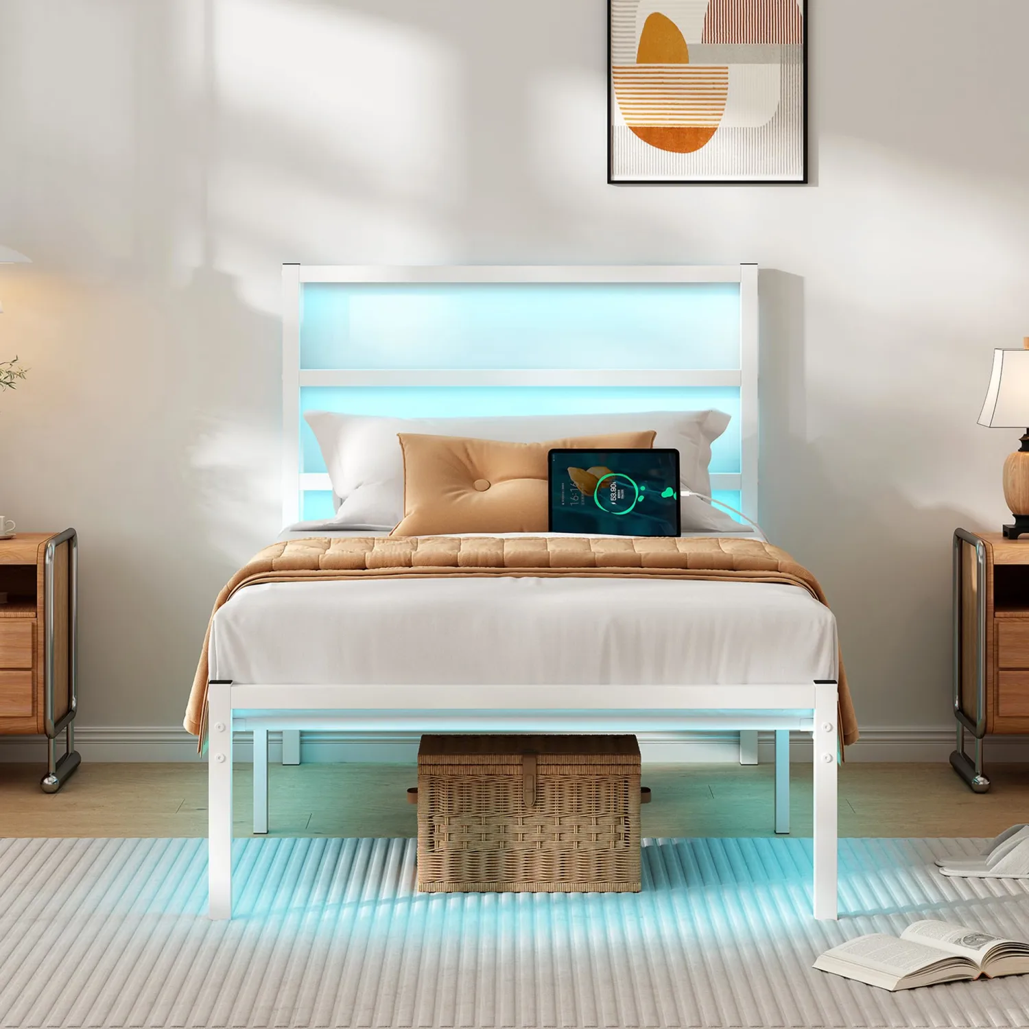 Twin Bed Frame with Headboard,Heavy Duty Steel Slats Support-LED Bed Frame with USB Charging Station,Mattress Foundation-Under Bed Storage,No Box Spring Needed,Noise Free,White