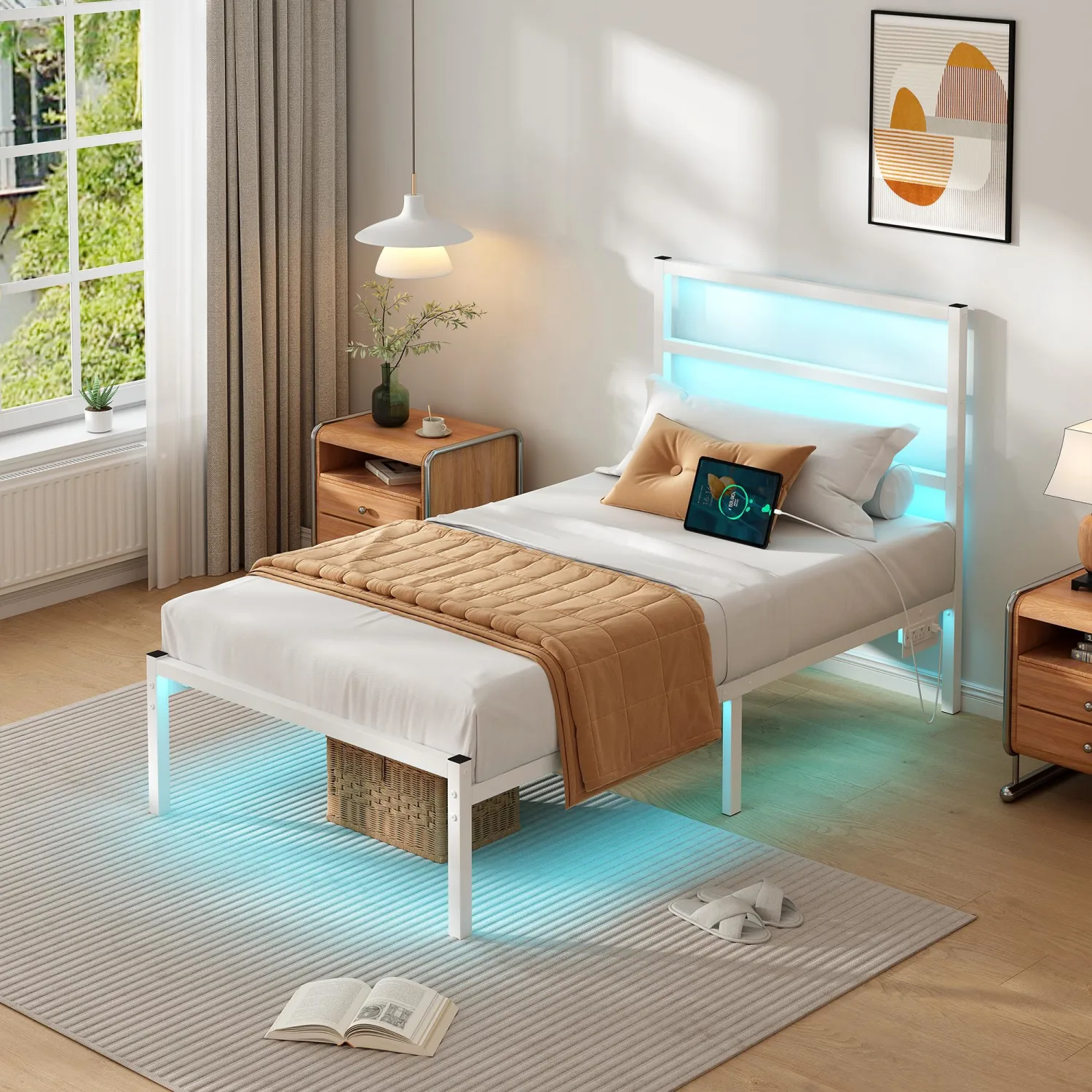 Twin Bed Frame with Headboard,Heavy Duty Steel Slats Support-LED Bed Frame with USB Charging Station,Mattress Foundation-Under Bed Storage,No Box Spring Needed,Noise Free,White